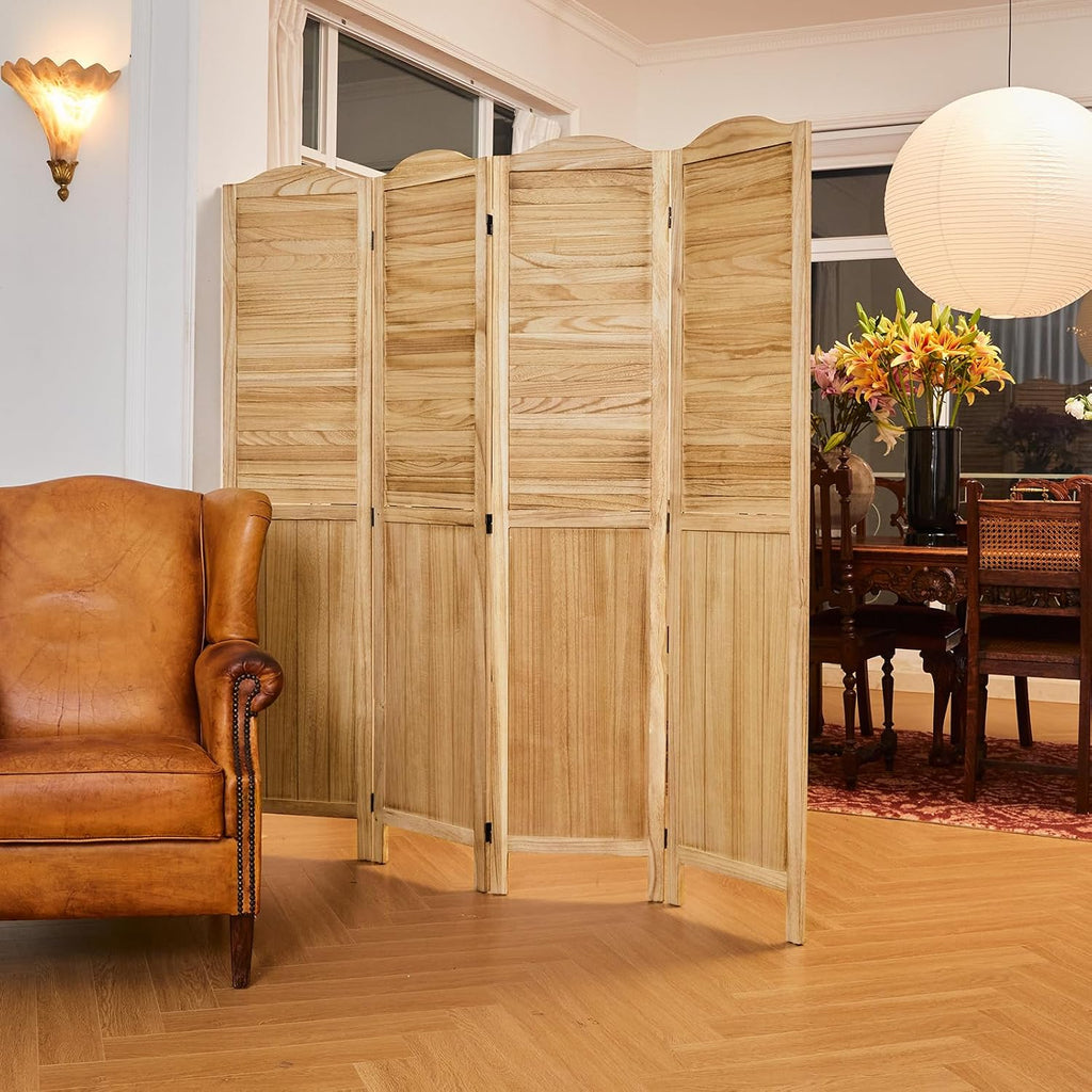 Room Dividers, 5.75Ft Individual Privacy Screens Foldable Wooden Louver & MDF Stable Wall Divider for Home Office Bedroom, 4 Panels (Natural)