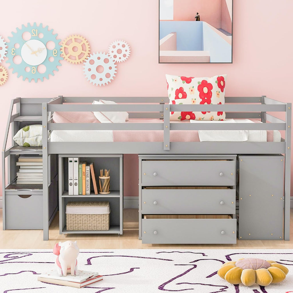 Full Size Loft Bed with Retractable Writing Desk, Wooden Loft Bed with 3 Drawers and Shelves, Storage Stairs, Versatility Low Loft Bed Storage Bed for Kids Boys Girls Bedroom (Gray,Storage Stairs)