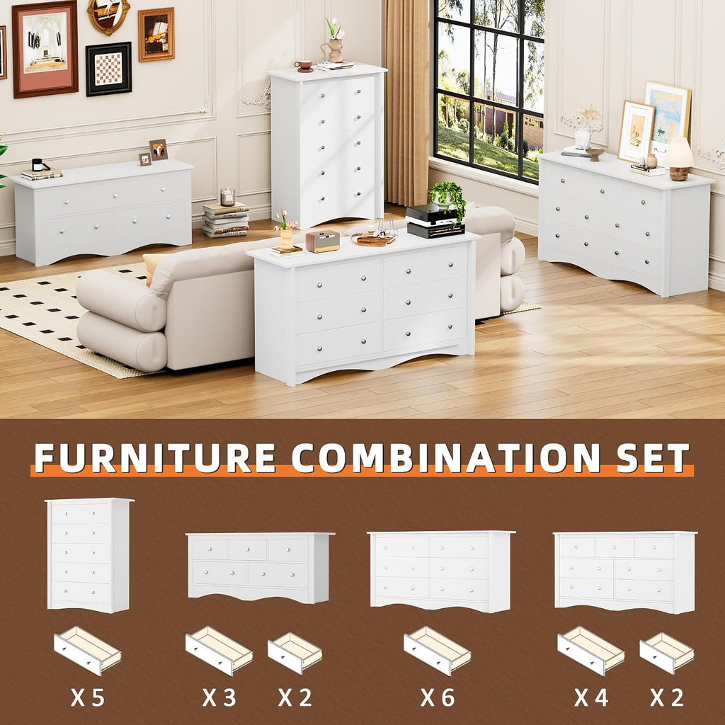 Flamaker Dresser for Bedroom, 6 Drawer Dresser, 47.2'' Wood Dressers, Wide Chest of Drawer, Storage Drawers, Storage Organizer for Closet, Hallway (White)
