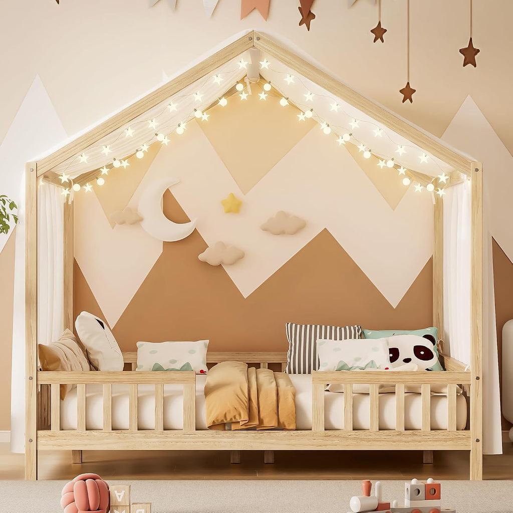 Full Size House-Shape Bed with Canopy and High Railings, Wood Kids Bed Frame with Roof (Natural, Full)