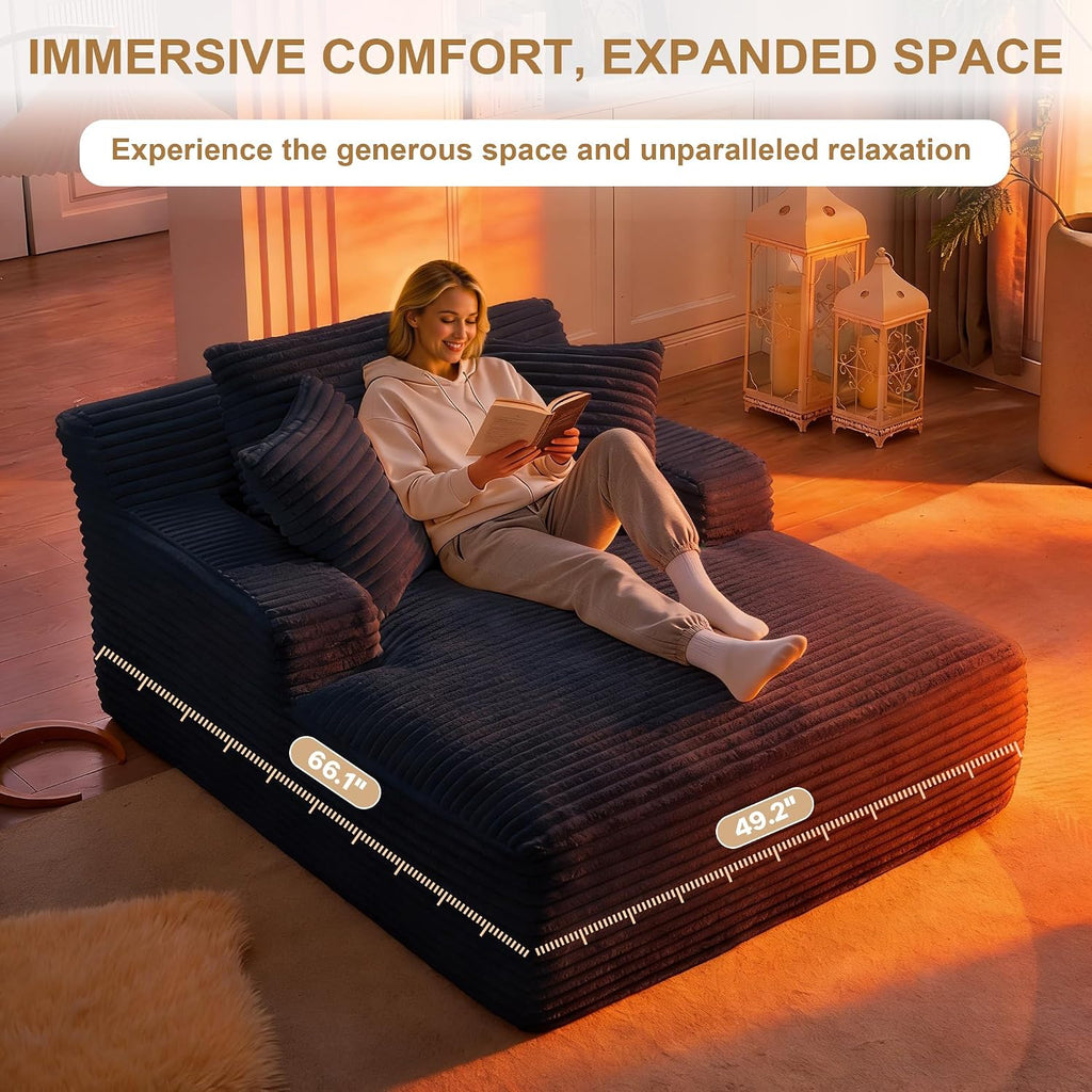 Oversized Chaise Lounge Chair Indoor, 66' Cloud Boneless Sleeper Couch Corduroy Upholstered Sofa Bed Deep Seat Comfy Reading Chair with 3 Pillows for Living Room Bedroom, Blue