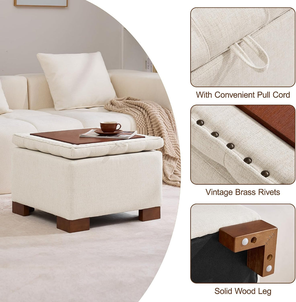 WUTUTUEE 24' Square Fabric Storage Ottoman with Wooden Tray Top, Modern Tufted Button Upholstered Footstool Coffee Table, Multifunctional Small Storage Ottoman for Living Room Bedroom, Beige