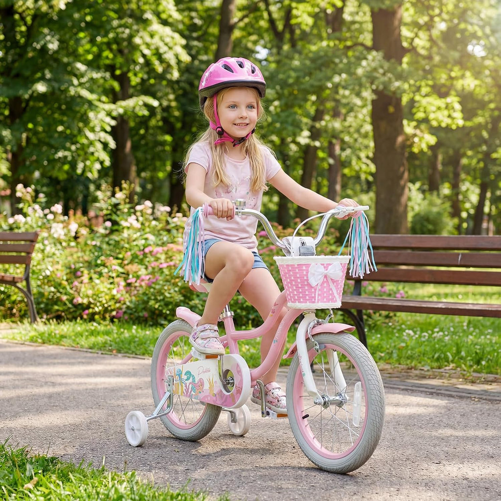 BABY JOY Kids Bike, 12' 14' 16' 18' Mermaid Girls Bike for 3-8 Years Old w/Basket, Training Wheels, Hand & Coaster Brakes, Adjustable Seat & Handlebar, 20' Children Bicycle with Kickstand for 8+