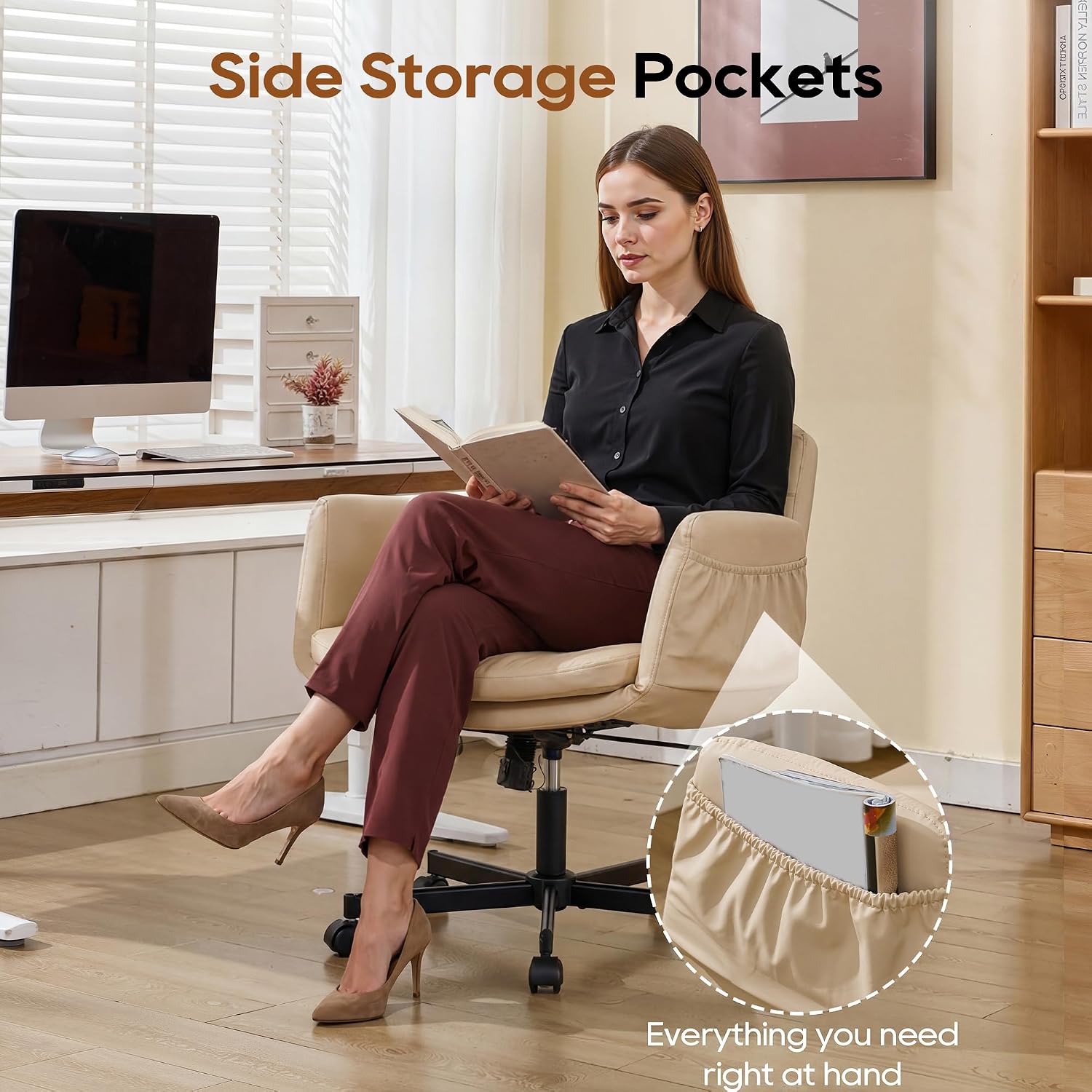 Criss Cross Chair with Wheels & Outward-Folding Armrests, Cross Legged Office Chair with Storage Pockets, Comfortable Adjustable Swivel Vanity Chair for Home, Living Room, Bedroom (Beige,Set of 2)