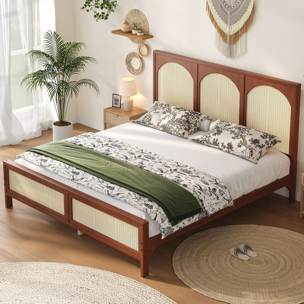 JIVOIT King Size Platform Bed with Rattan Headboard and Footboard, Wood Platform Bed Frame with Wood Slats Support, No Box Spring Needed, Easy Assembly (Walnut+Beige,King)