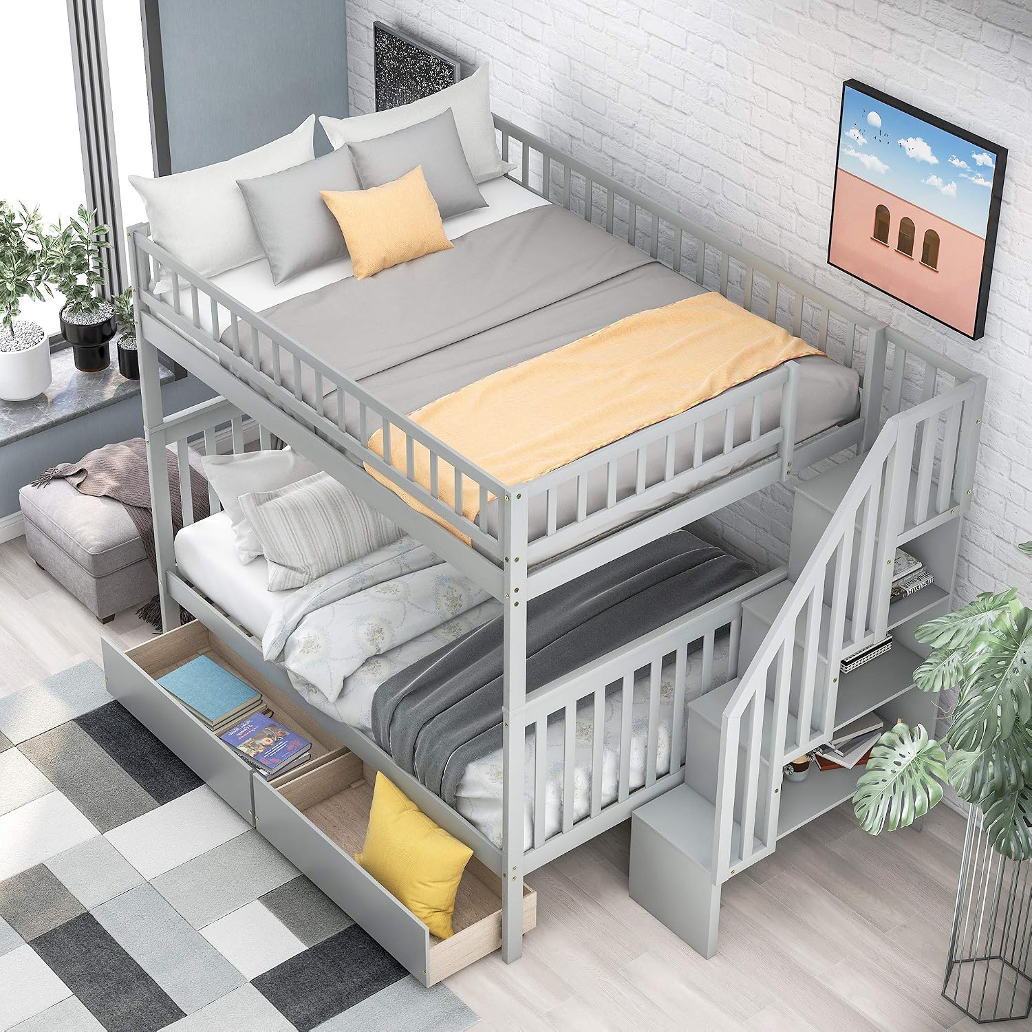 Harper & Bright Designs Full Over Full Stairway Bunk Bed with Two Drawers and Storage, Solid Wood Full Bunk Bed, No Box Spring Required（Grey）