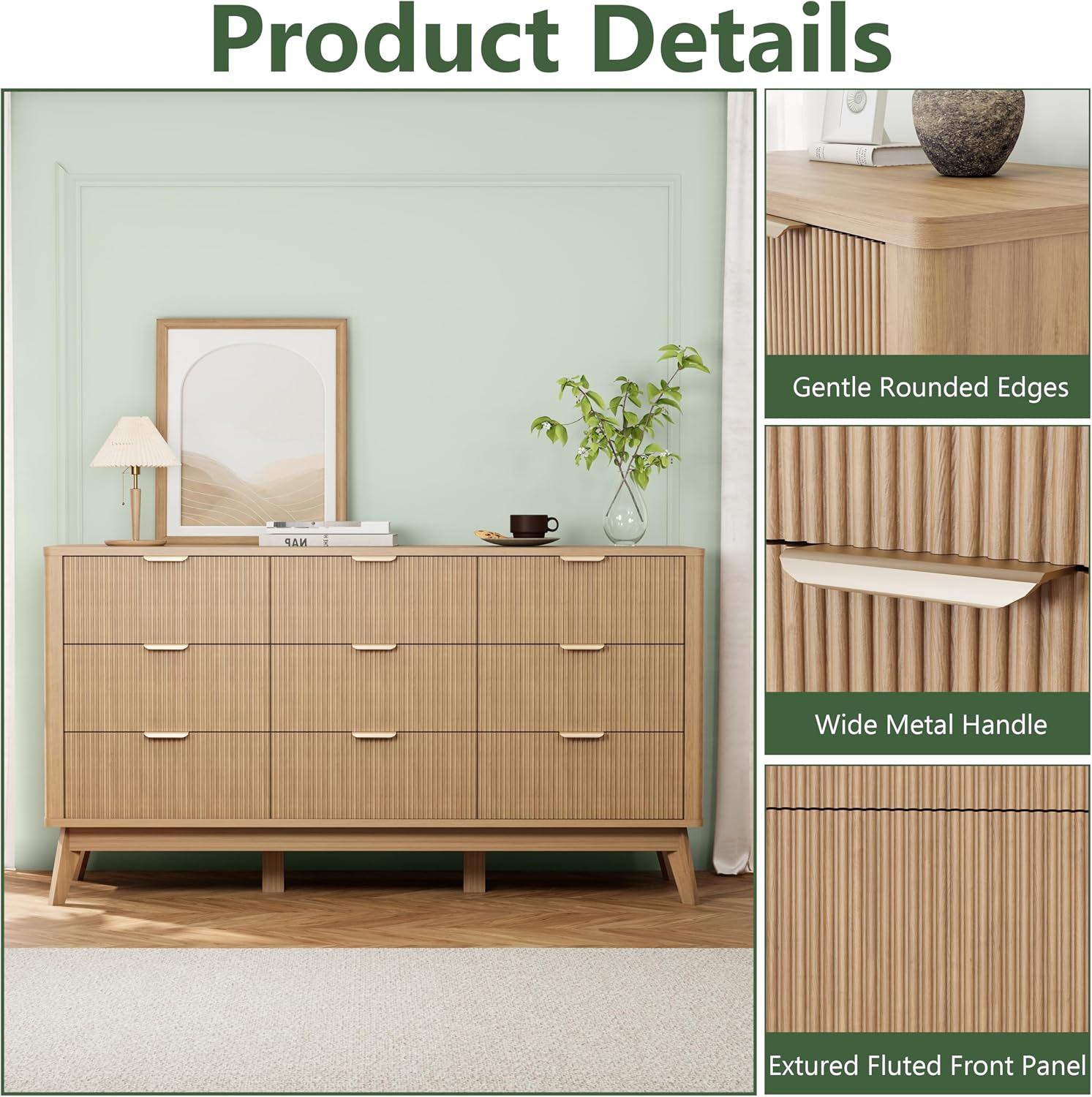 Royal Windsor Fluted 9 Drawers Dresser for Bedroom,59' Wide Wooden Dresser Chest of Drawers,Curved Profile Design,Storage Organizer for Living Room,Hallway,Natural Oak