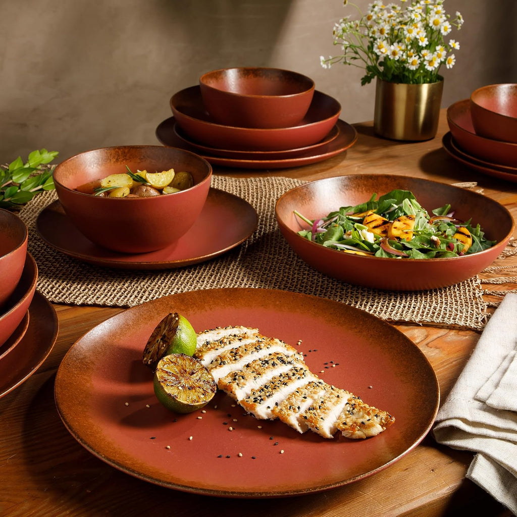 Bloomhouse - Two Time Oprah's Favorite Things Winner - Palermo Sun Double Bowl Stoneware Reactive Glaze Plates and Bowls Dinnerware Set - Paprika Red, Service for Four (16pcs)