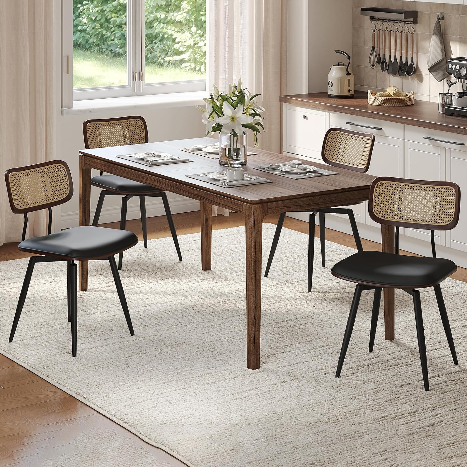 Dining Chairs, Swivel Dining Chairs Set of 4, Faux Leather & Rattan Walnut Dining Room Chairs, Bentwood & Metal Frame Upholstered Chairs with 360°Rotation, Modern Kitchen/Living Room Chair (Black)