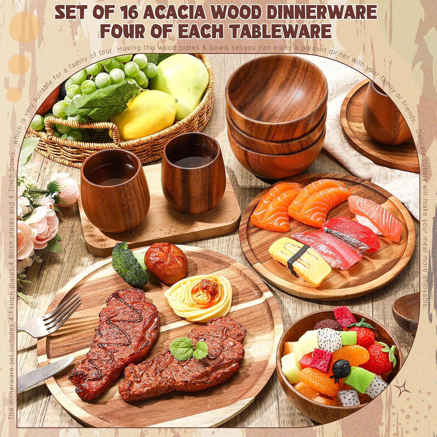 Maxdot 24 Pcs Acacia Wood Dinnerware Set, Round Wooden Plates, Solid Wooden Bowls and Tea Cups, Acacia Wood Tableware Supplies, Lightweight for Dishes Snack, Dessert, Set for 4