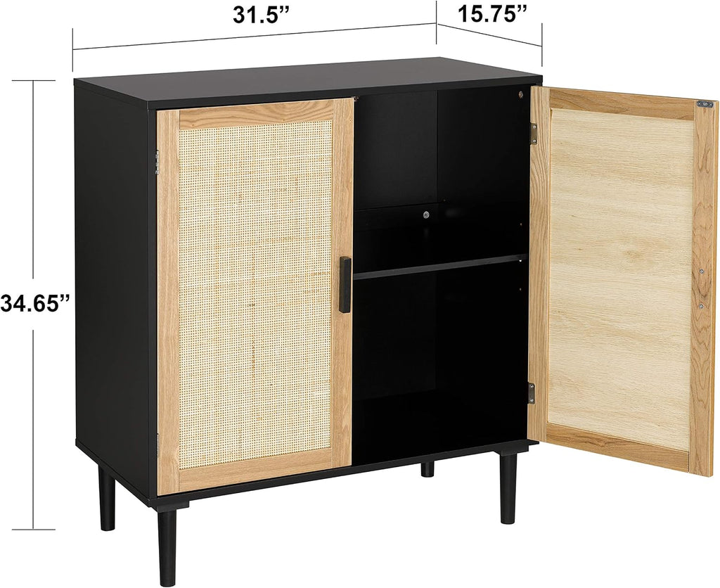 Finnhomy Sideboard Buffet Cabinet, Kitchen Storage Sideboard with Rattan Decorated Doors, Liquor Buffet for Bar, Dining Room, Hallway, Cupboard Console Table, Accent Cabinet, 31.5X 15.8X 34.6 Inches