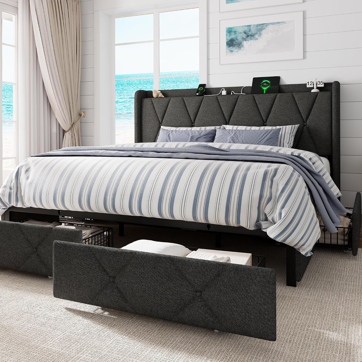 GalnFu King Size Bed Frame with 4 Storage Drawers, Upholstered Platform Bed with Charging Station, Modern Wingback Storage Headboard, Easy Assembly,Noise-Free, Dark Gray