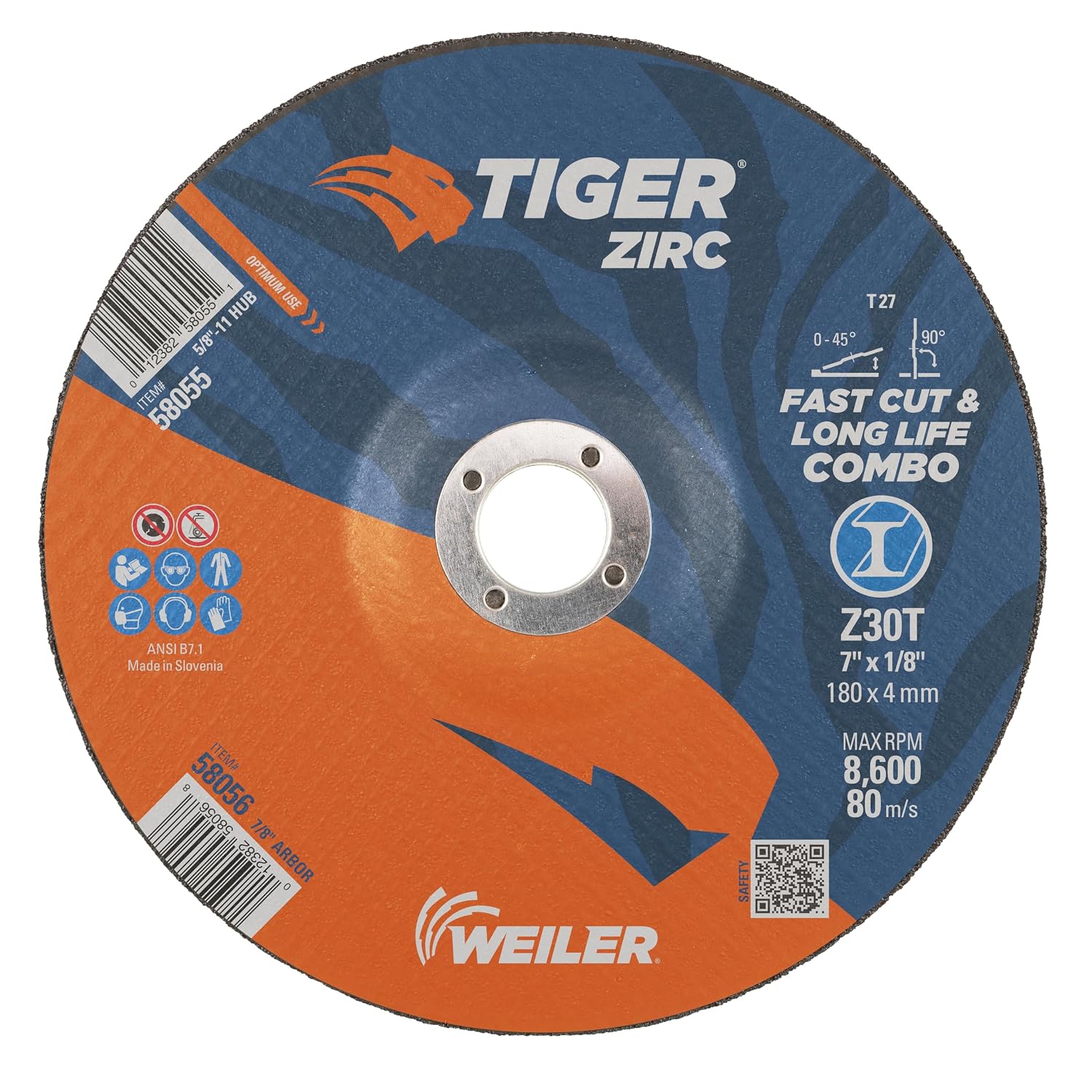 Weiler 58056 7' x 1/8' Tiger Zirc Type 27 Cut Off/Grind Combo Wheel, Z30T, 7/8' A.H (Pack of 25)