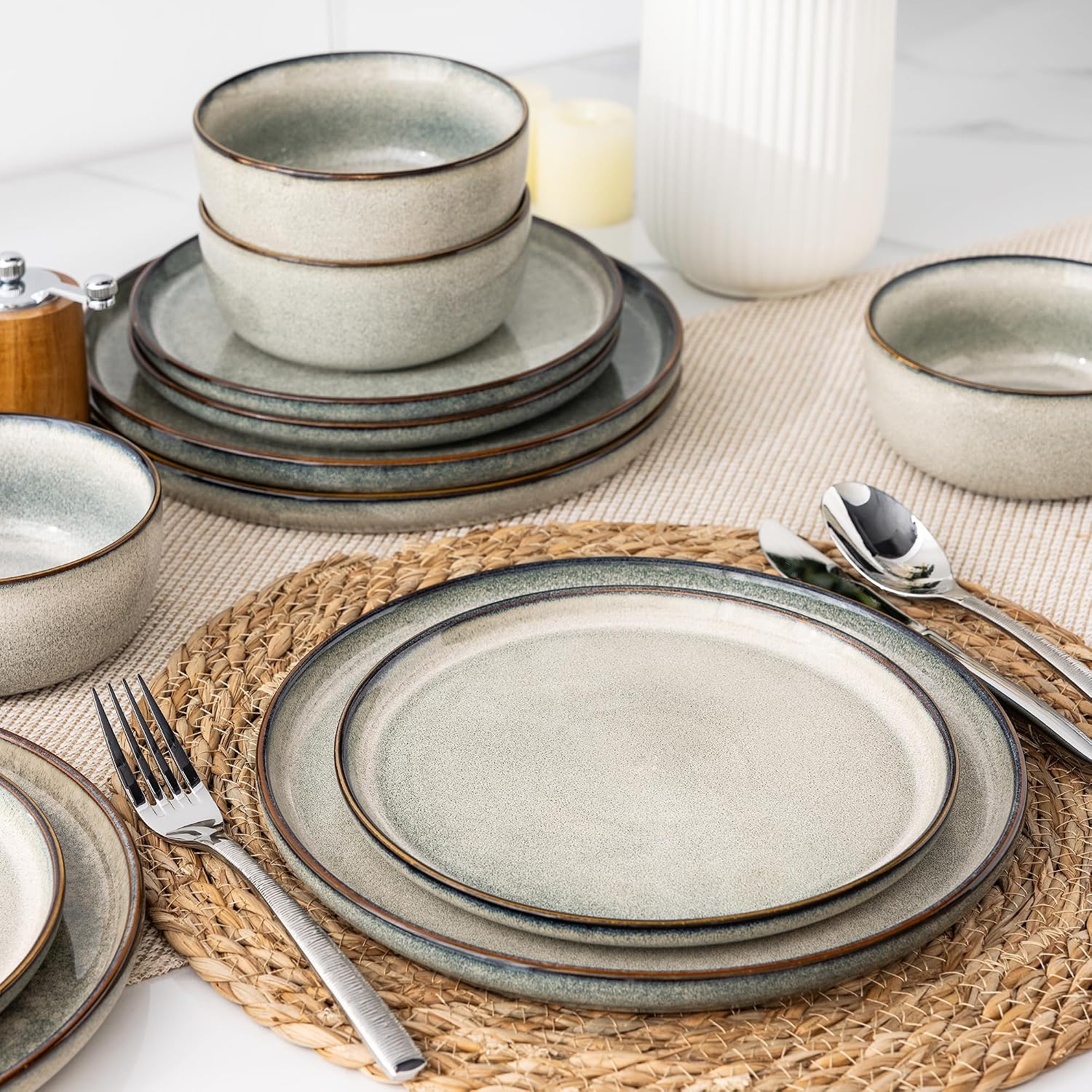 GBHOME 24 Pieces Double Bowls Ceramic Dinnerware Sets for 6, Stoneware Plates and Bowls Set with Reactive Glaze, Scratch Resistant Stoneware Dishes Set, Dishwasher & Microwave Safe