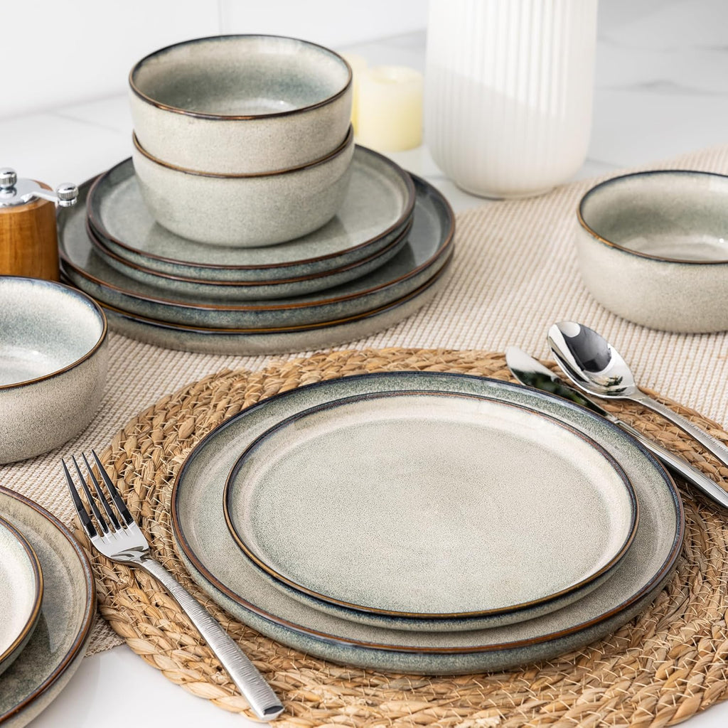 GBHOME 32 Pieces Double Bowls Ceramic Dinnerware Sets for 8, Stoneware Plates and Bowls Set with Reactive Glaze, Scratch Resistant Stoneware Dishes Set, Dishwasher & Microwave Safe