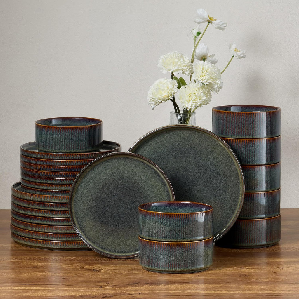 E-far 24-Piece Stoneware Dinnerware Sets, Plates and Bowls Sets for 8, Kitchen Modern Dinning Porcelain Dishes Set, Chip & Scratch Resistant, Dishwasher & Microwave Safe, Blackish Green