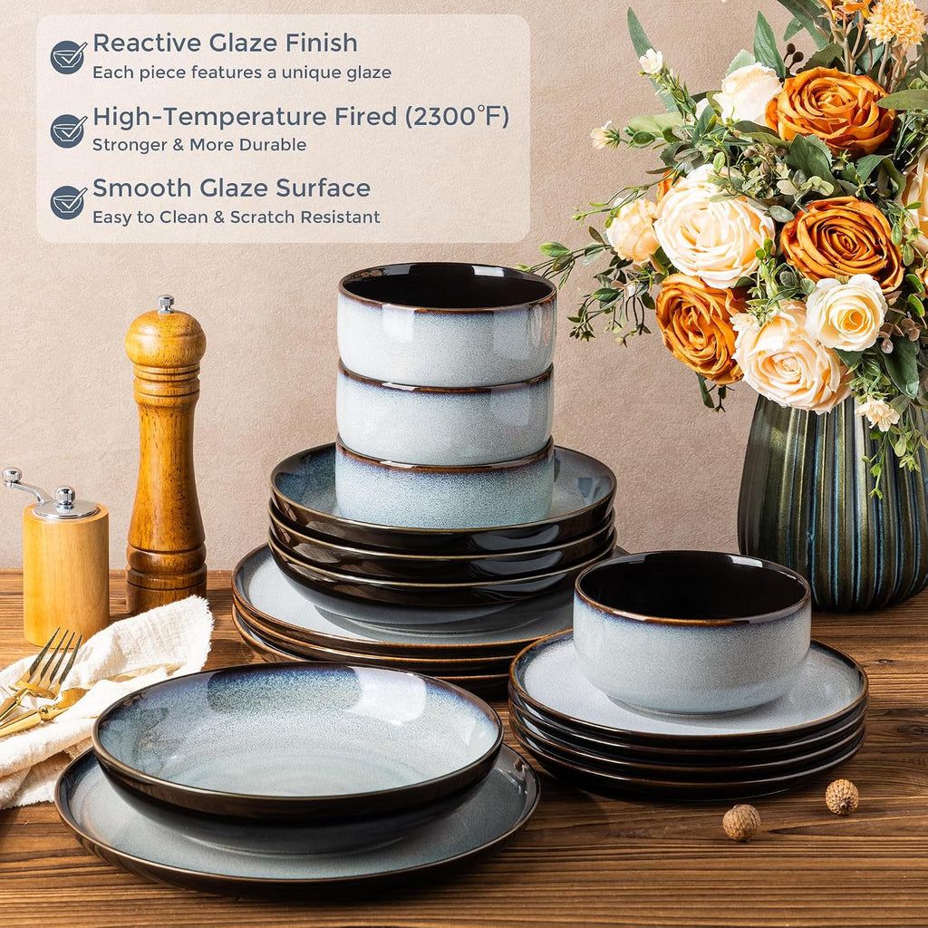LERATIO Ceramic Dinnerware Sets with Pasta Bowls for 4,Plates and Bowls Sets,Oven &Microwave & Dishwasher Safe,Light Weight & Scratch Resistant Dishes Sets-Service for 4 (16pcs)-Gray White