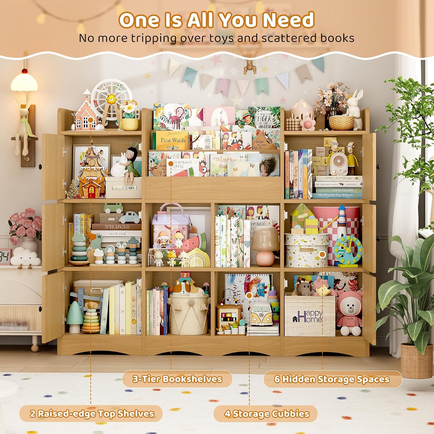 FINETONES Toy Shelf and Toy Storage, 55' Large Kids Bookshelf Toy Organizers and Storage with 10 Cubbies and 4 Tier Shelf, Toy Organizer and Chest with Raised-Edge Top Shelf for Playroom, Natural