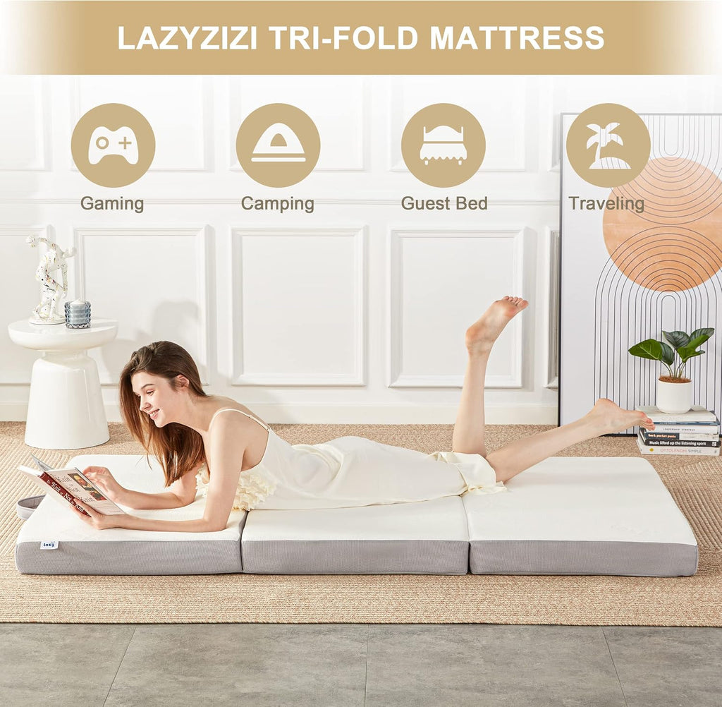 Lazyzizi Folding Mattress, 4 Inch Memory Foam Tri-fold with Breathable Bamboo Fiber Fabric Cover, Foldable Floor Mattress Guest Bed for Camping, Road Trip, Twin