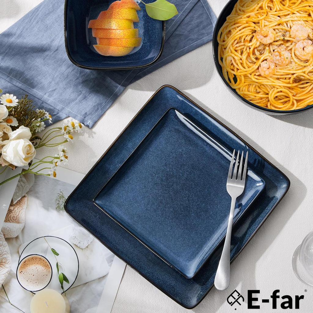 E-far Square plates and bowls Sets for 6, 18-Piece Reactive Glaze Stoneware Dinnerware Sets, Porcelain Dishware Sets for Kitchen Home, Microwave & Dishwasher Safe, Deep Sea Blue