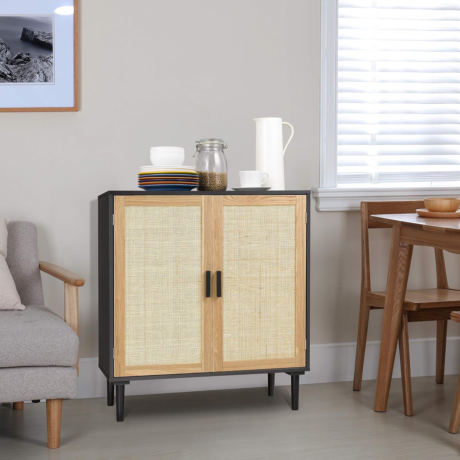Finnhomy Sideboard Buffet Cabinet, Kitchen Storage Sideboard with Rattan Decorated Doors, Liquor Buffet for Bar, Dining Room, Hallway, Cupboard Console Table, Accent Cabinet, 31.5X 15.8X 34.6 Inches