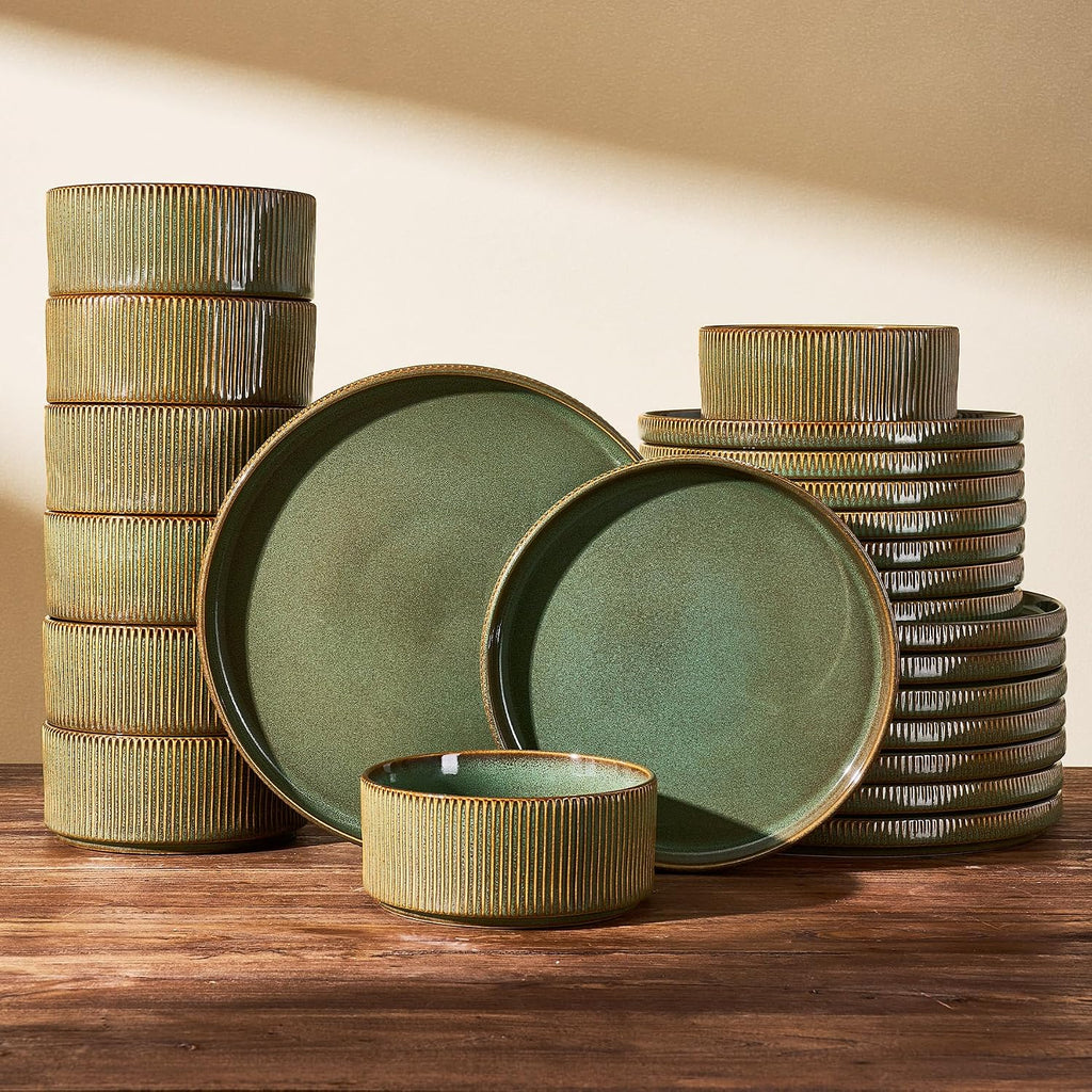 24-Piece Dinnerware Set Service for 8, Famiware Premium Stoneware Dish Set with Ribbed Plates and Deep Bowls, Double Reactive Glaze, Chip & Scratch Resistant, Microwave & Dishwasher Safe, Moss