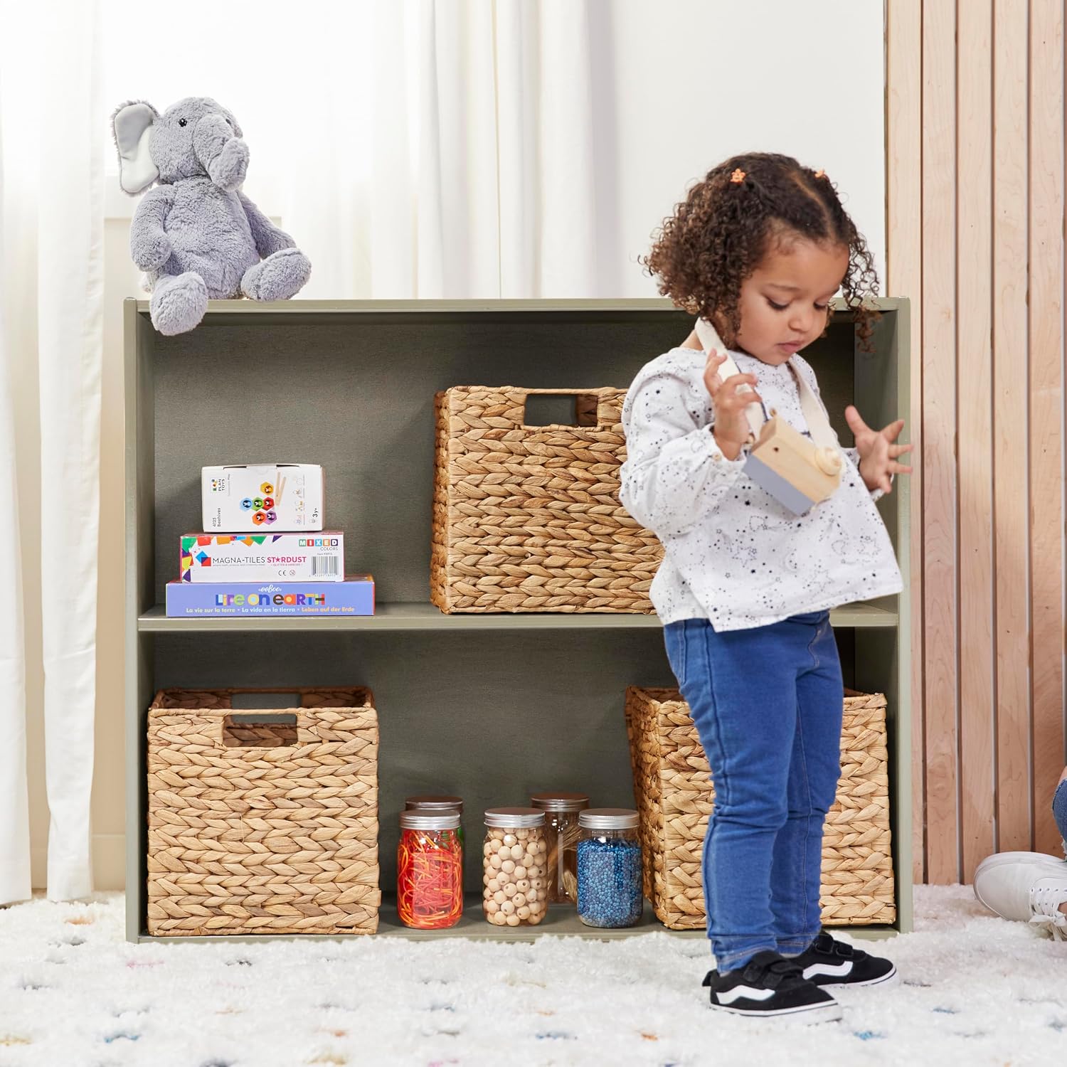 ECR4Kids Birch Streamline 2-Shelf Storage Cabinet, 30in High, Classroom Furniture, Grey Wash