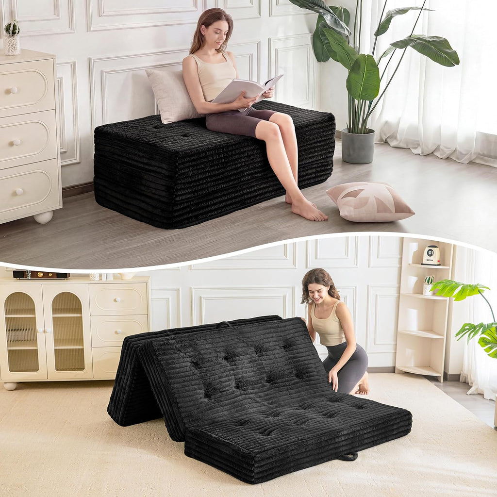 MAXYOYO Folding Sofa Couch Bed, 6 Inch Tri-Fold Floor Sofa Bed, Folding Mattress with Handles, Soft Faux Fur Folding Bed with Supportive Foam Filling, Portable Couch for Living Room, Twin, Black