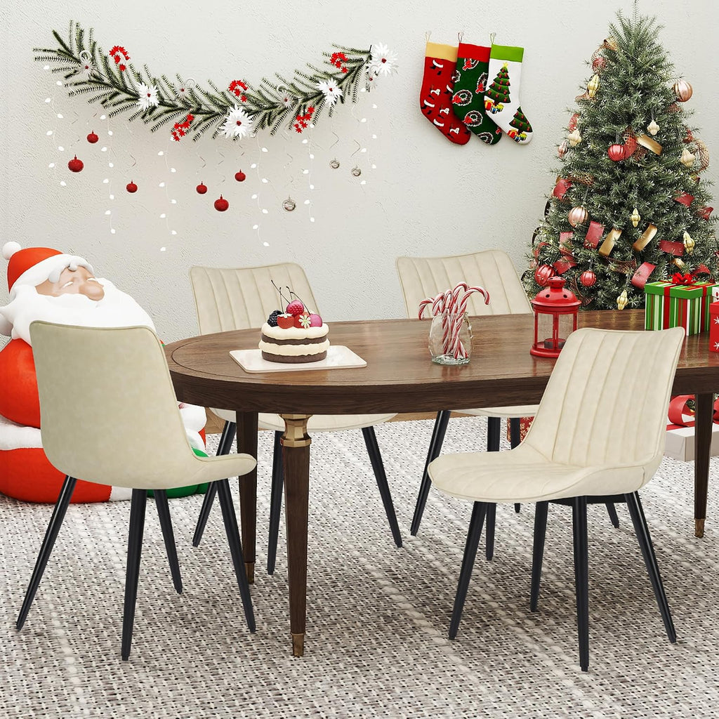 ECOTOUGE Dining Chairs Set of 4, Comfy Faux Leather Kitchen Chairs with Metal Legs, Mid Century Modern Chair for Bedroom, Living Room, Beige