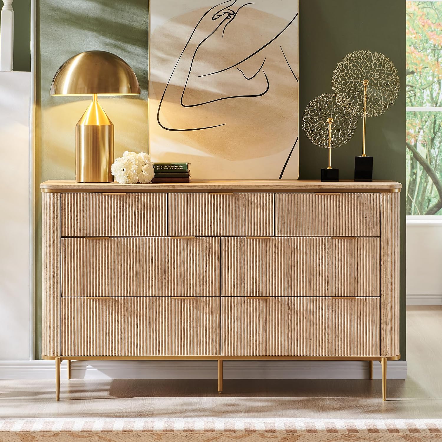 T4TREAM Fluted 7 Drawers Dresser for Bedroom, 54' Wide Modern Dresser TV Stand, Gold Accents, Fluted Fronts, Wood Storage Dressers Organizer for Bedroom, Living Room, Natural Oak