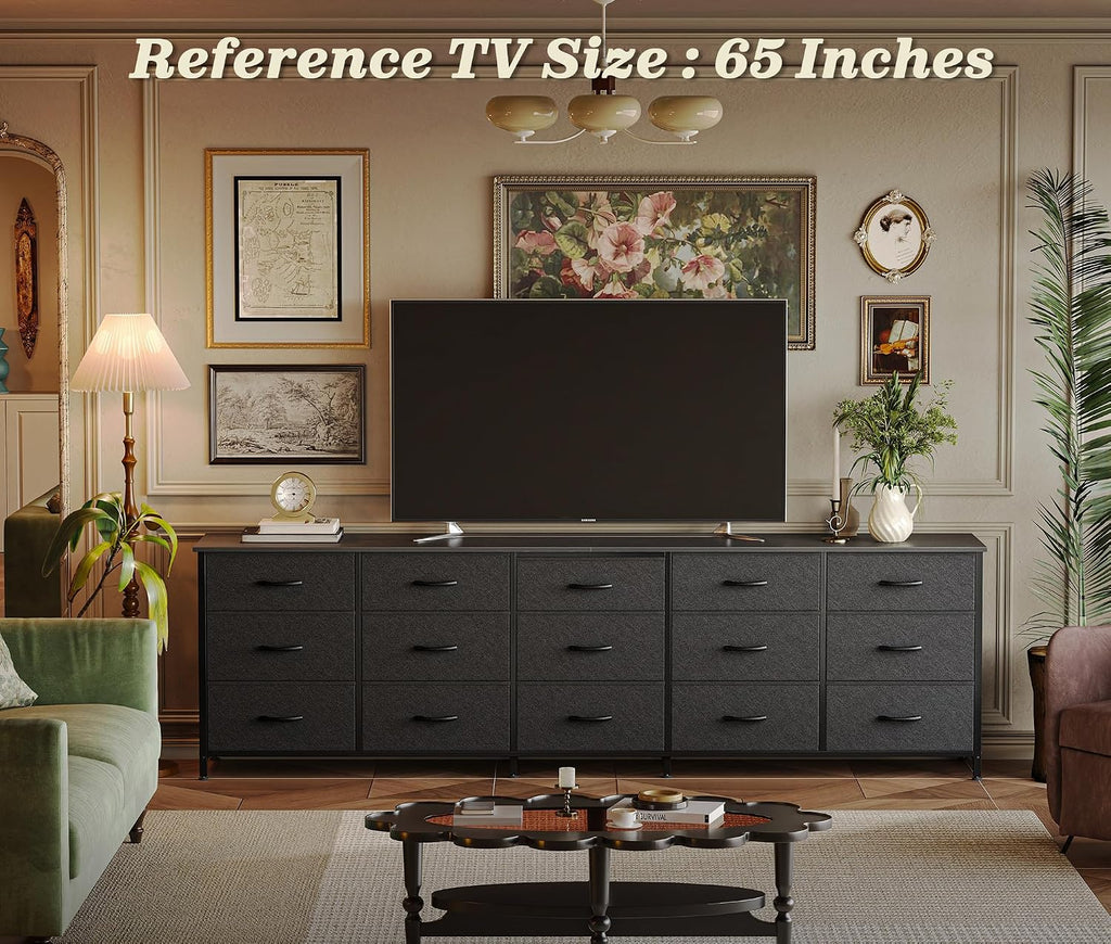 Huuger 78.7 inch Long Dresser for Bedroom, 15 Drawer Fabric Dresser for Closet, Large TV Stand for 65, 75, 85 inch TV, Wide Chest of Drawer with Storage, 78.7' W x 12.9' D x 26.7' H, Black
