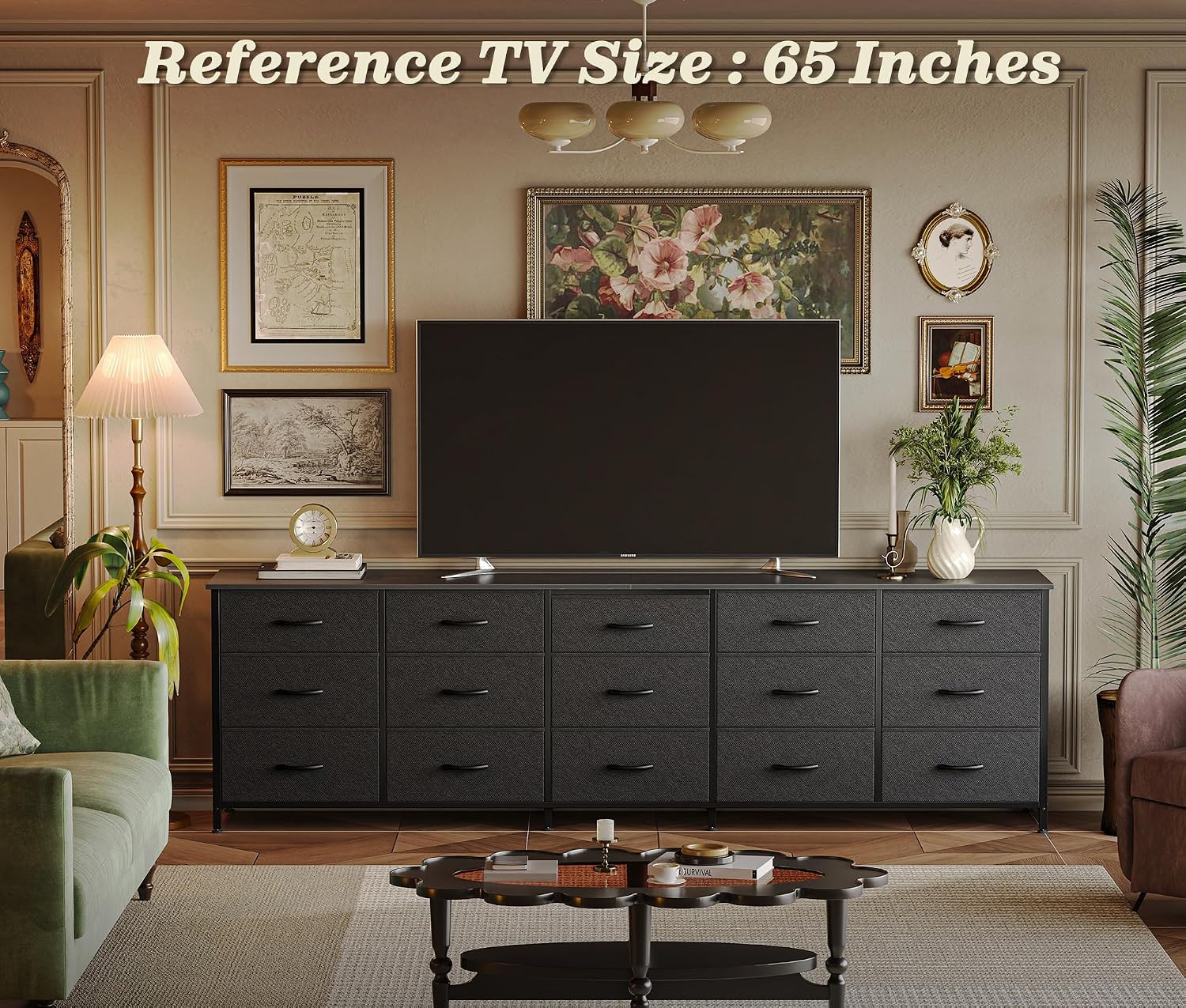 Huuger 78.7 inch Long Dresser for Bedroom, 15 Drawer Fabric Dresser for Closet, Large TV Stand for 65, 75, 85 inch TV, Wide Chest of Drawer with Storage, 78.7' W x 12.9' D x 26.7' H, Black