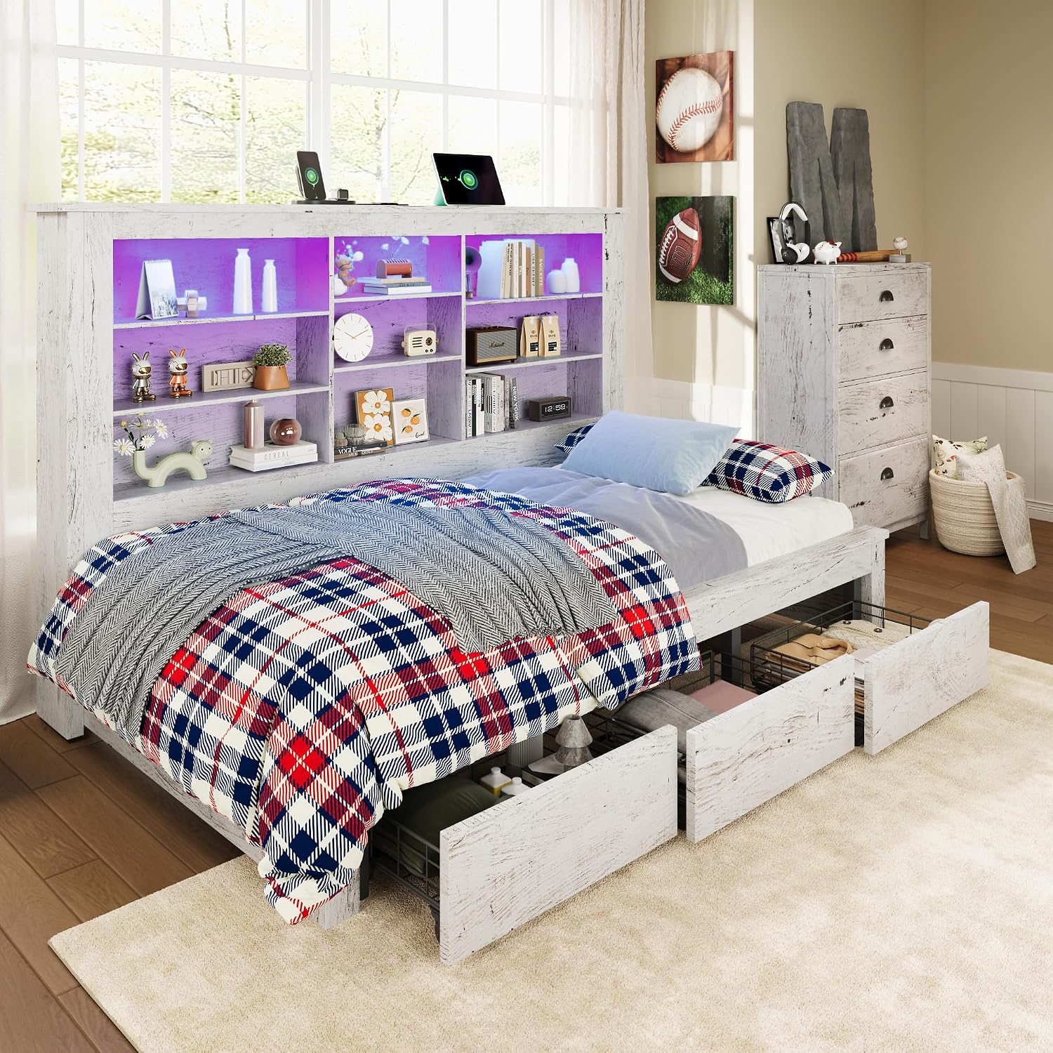 Jocisland Twin Bed Frame with Storage Drawers, Bookcase Headboard, USB Charging, RGB Lights, Farmhouse Wood Daybed No Box Spring Needed, Distressed White | 49' tall shelving