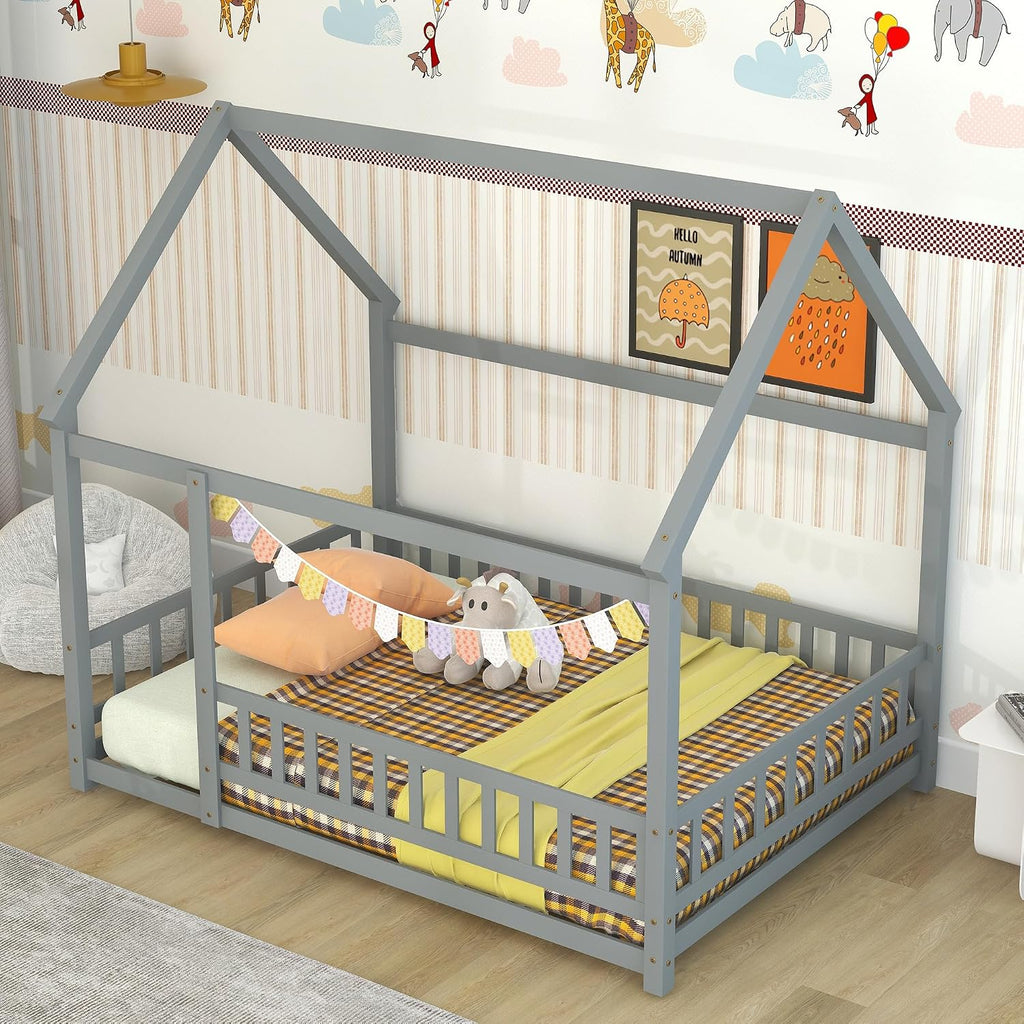 Bellemave Full Size House Floor Bed,Wooden Montessori Bed with Fence and Roof for Kids,Playhouse Full Bed Frame for Girls,Boys(Full,Gray)