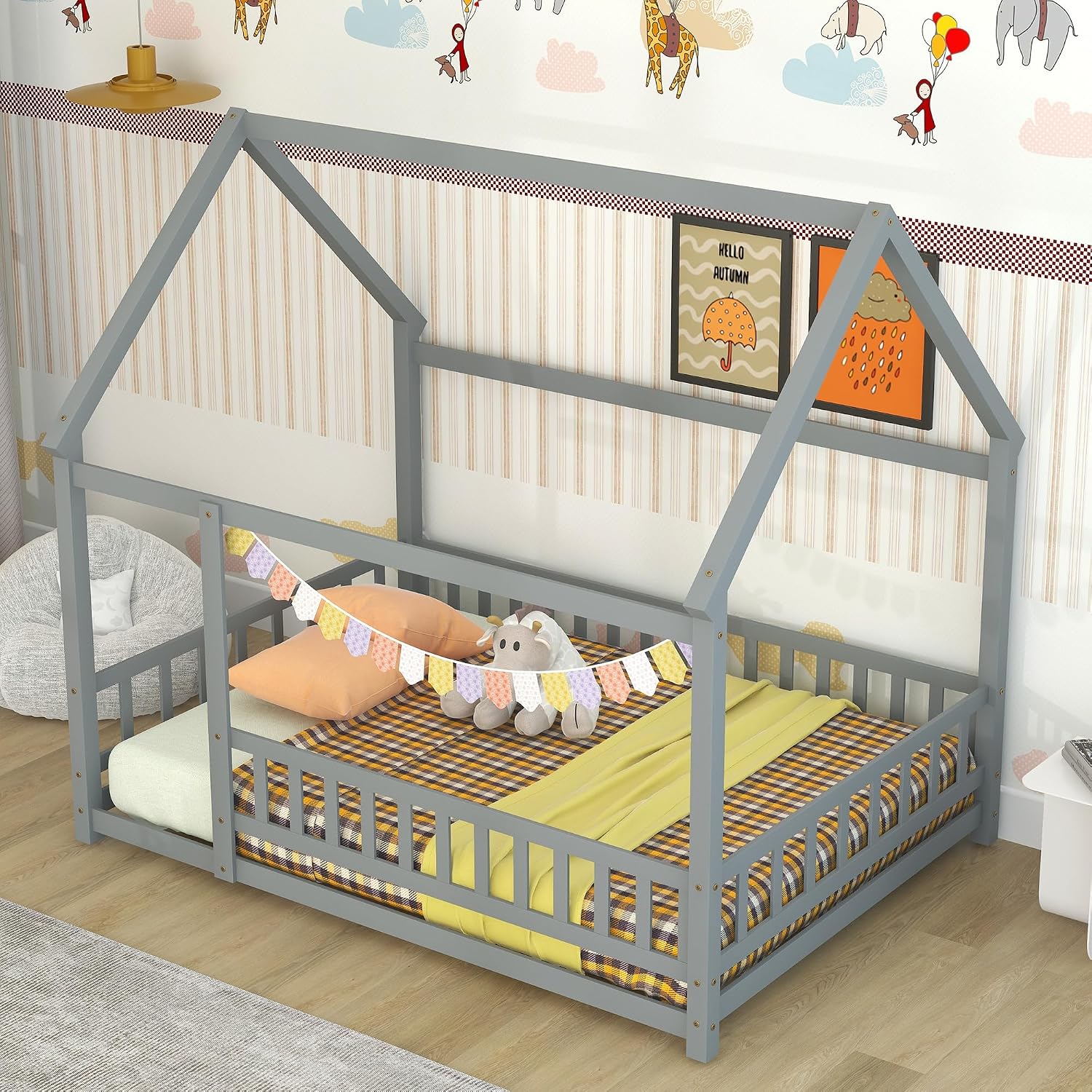 Bellemave Full Size House Floor Bed,Wooden Montessori Bed with Fence and Roof for Kids,Playhouse Full Bed Frame for Girls,Boys(Full,Gray)