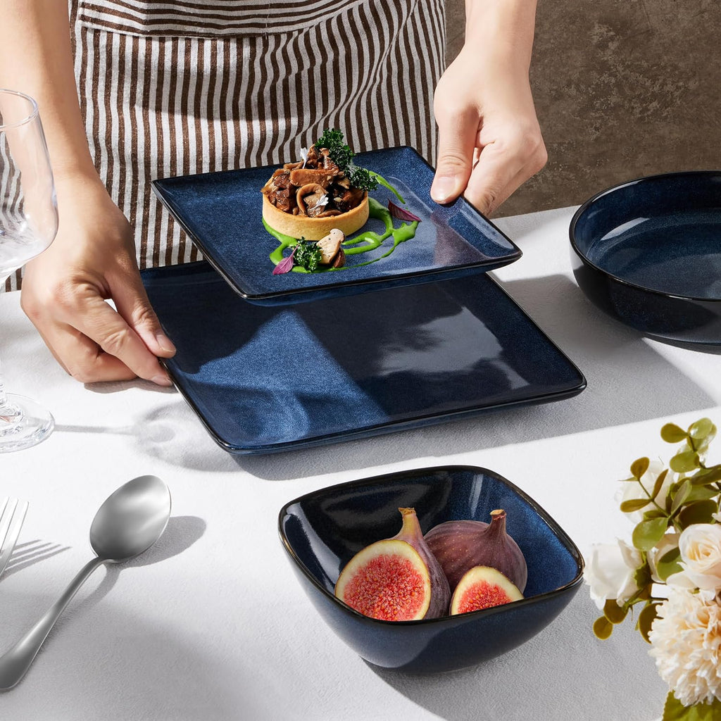 E-far Square Dinnerware Sets for 8, 24-Piece Stoneware Plates and Bowls Dishes Set, Reactive Glaze Porcelain Dishware Sets, Chip & Scratch Resistant, Microwave & Dishwasher Safe, Deep Sea Blue
