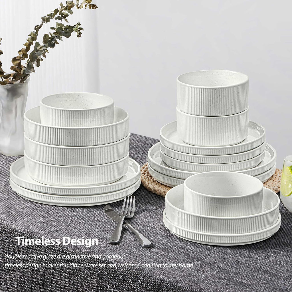 LIANYU 24 Piece Dinnerware Sets with Double Bowls, Ceramic Plates and Bowls Set for 4, Ribbed Stoneware Dishes for Home Kitchen, Microwave and Dishwasher Safe, Speckled White
