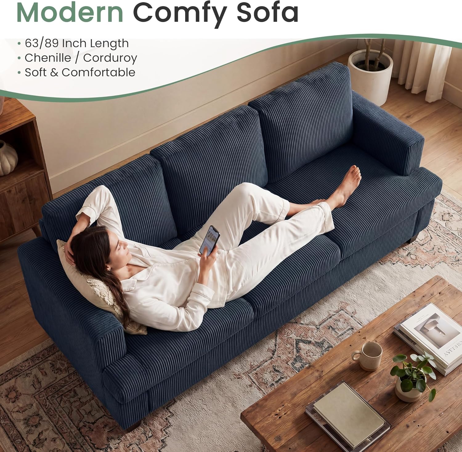 Fiona's magic 8 Seats Couch Set, 3 Piece Set Comfy Sofa, 3 Seater*2 & Loveseat Sofa with Deep Seats for Living Room, Modern Sleeper Couch, Blue Corduroy