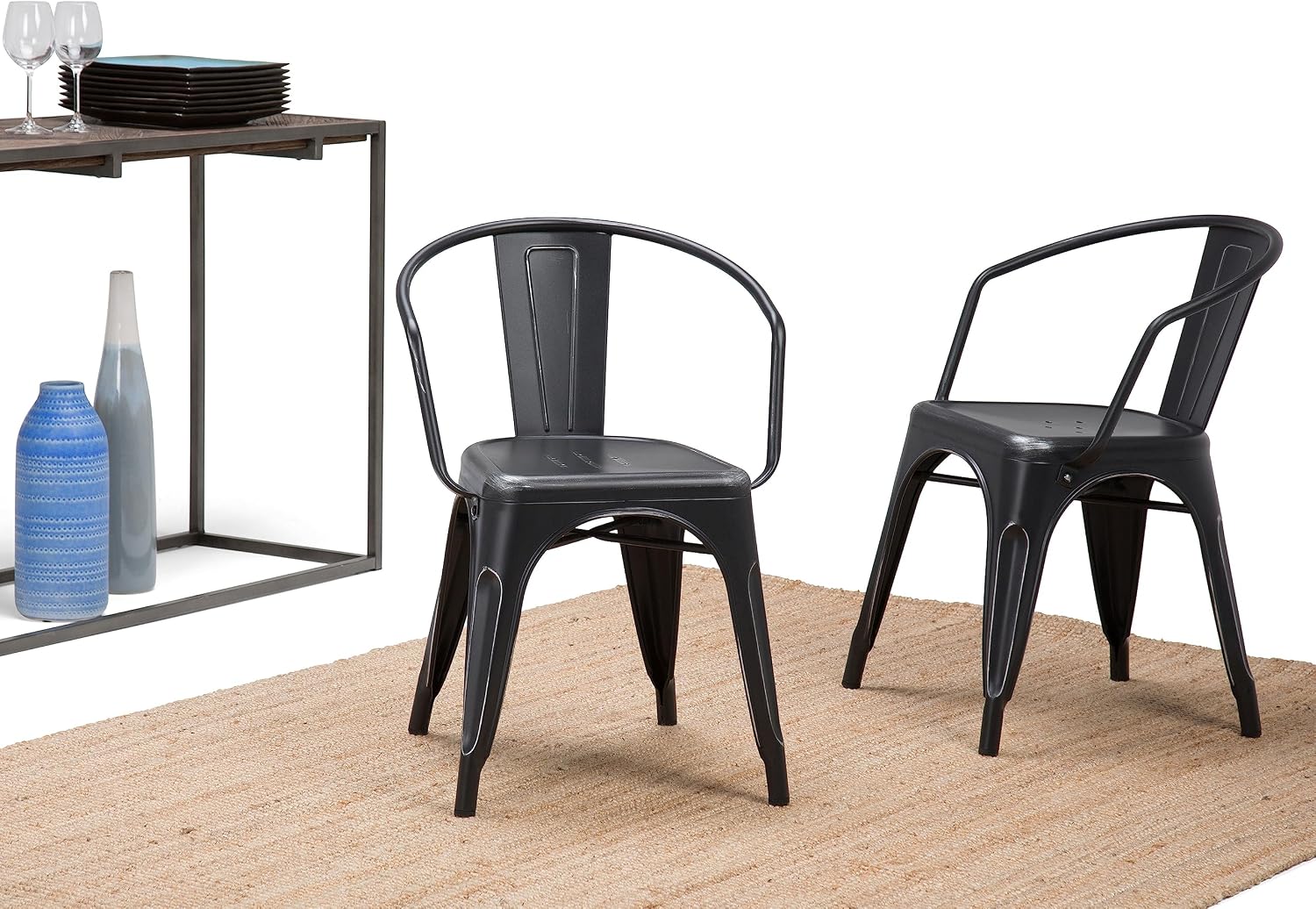 SIMPLIHOME Larkin Dining Arm Chair Set in Distressed Black, Silver, 20.1'W x 20.1'D x 28.2'H, Industrial Metal Chairs for Dining Room, Kitchen (Set of 2)