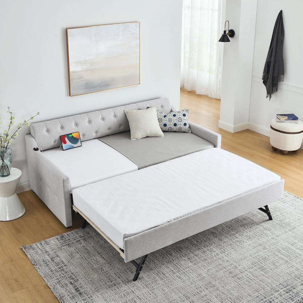Ball & Cast Twin Size Daybed with Pop Up Trundle, Button Tufted Linen Sofa Day Bed Frame with USB Port,Twin to King Trundle Bed for Bedroom, Living Room, No Box Spring Needed,Beige