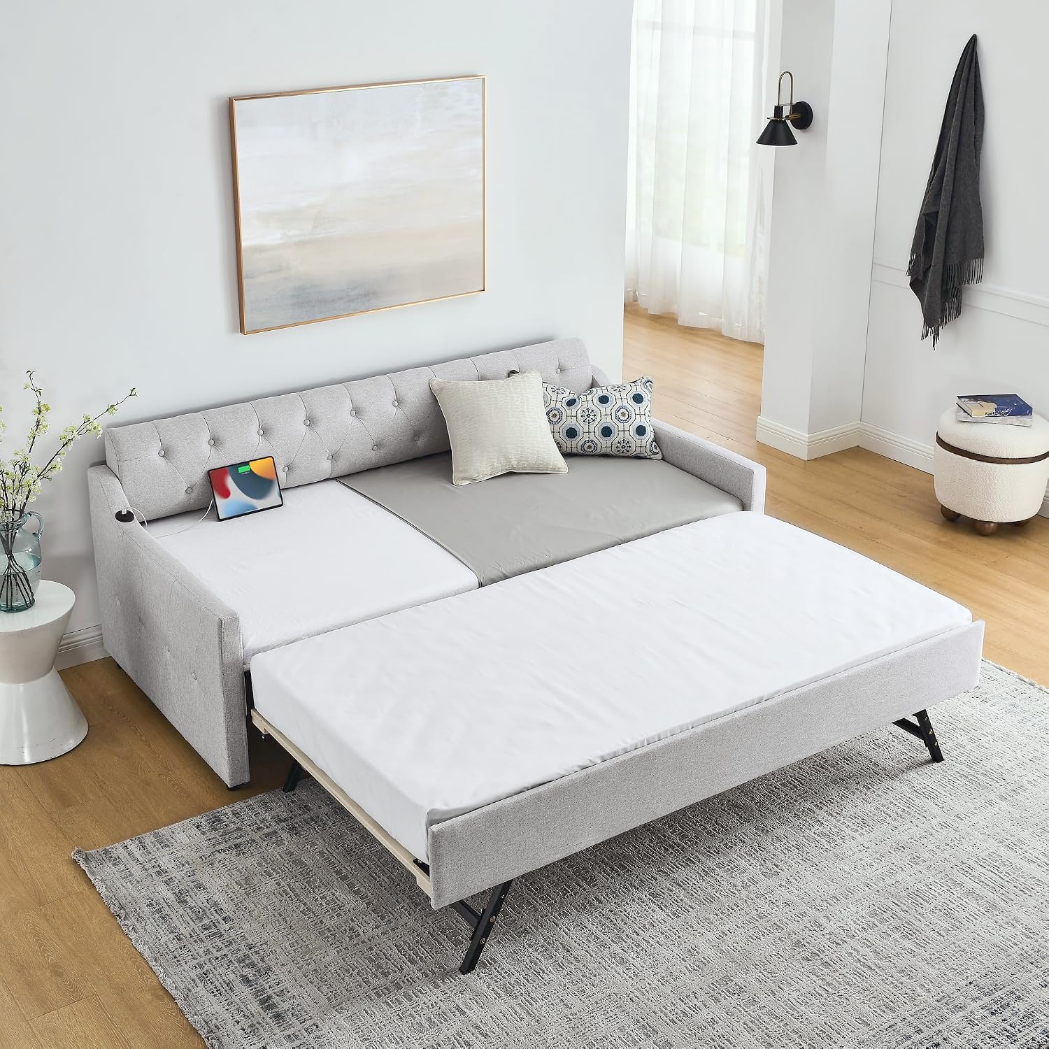 Ball & Cast Twin Size Daybed with Pop Up Trundle, Button Tufted Linen Sofa Day Bed Frame with USB Port,Twin to King Trundle Bed for Bedroom, Living Room, No Box Spring Needed,Beige