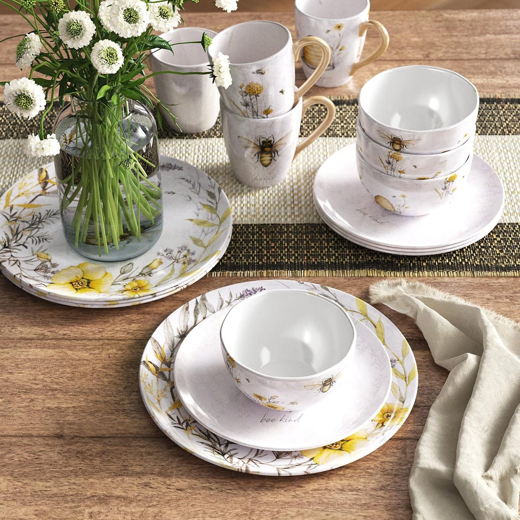 Bee Sweet 16-Piece Ceramic Dinnerware Set – Service for 4, Farmhouse Bee and Floral Design, Includes 4 Dinner Plates, 4 Salad Plates, 4 Bowls, 4 Large Mugs – Microwave & Dishwasher Safe
