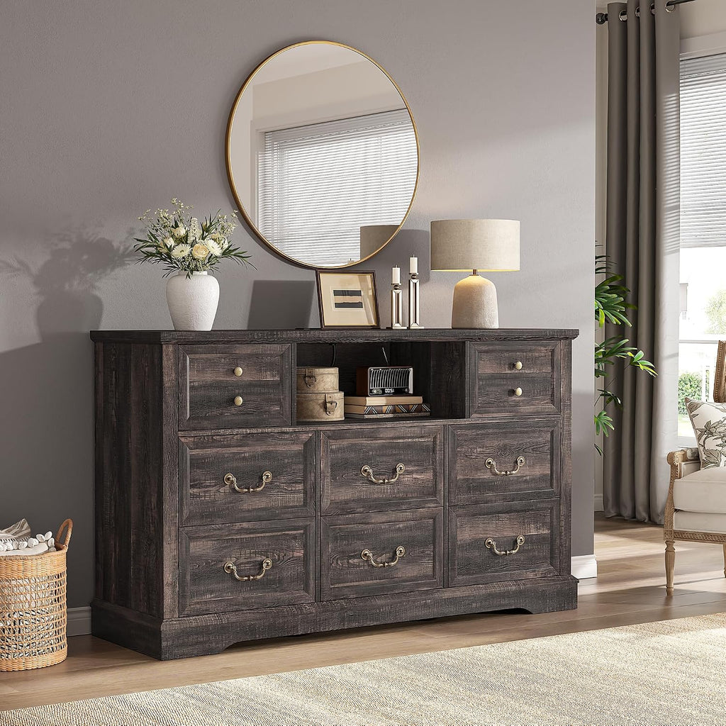 EnHomee 8 Drawers Dresser with Power Outlets and LED Lights,55' W Rustic Wooden Dressers & Chests of Drawers for Bedroom, Hallway, Rustic Oak, 55' W x 34.5' H x 15.7' D