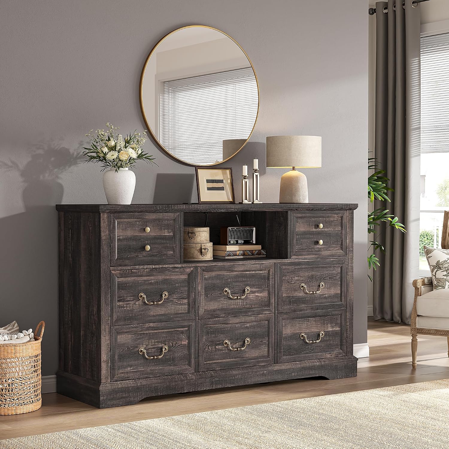 EnHomee 8 Drawers Dresser with Power Outlets and LED Lights,55' W Rustic Wooden Dressers & Chests of Drawers for Bedroom, Hallway, Rustic Oak, 55' W x 34.5' H x 15.7' D