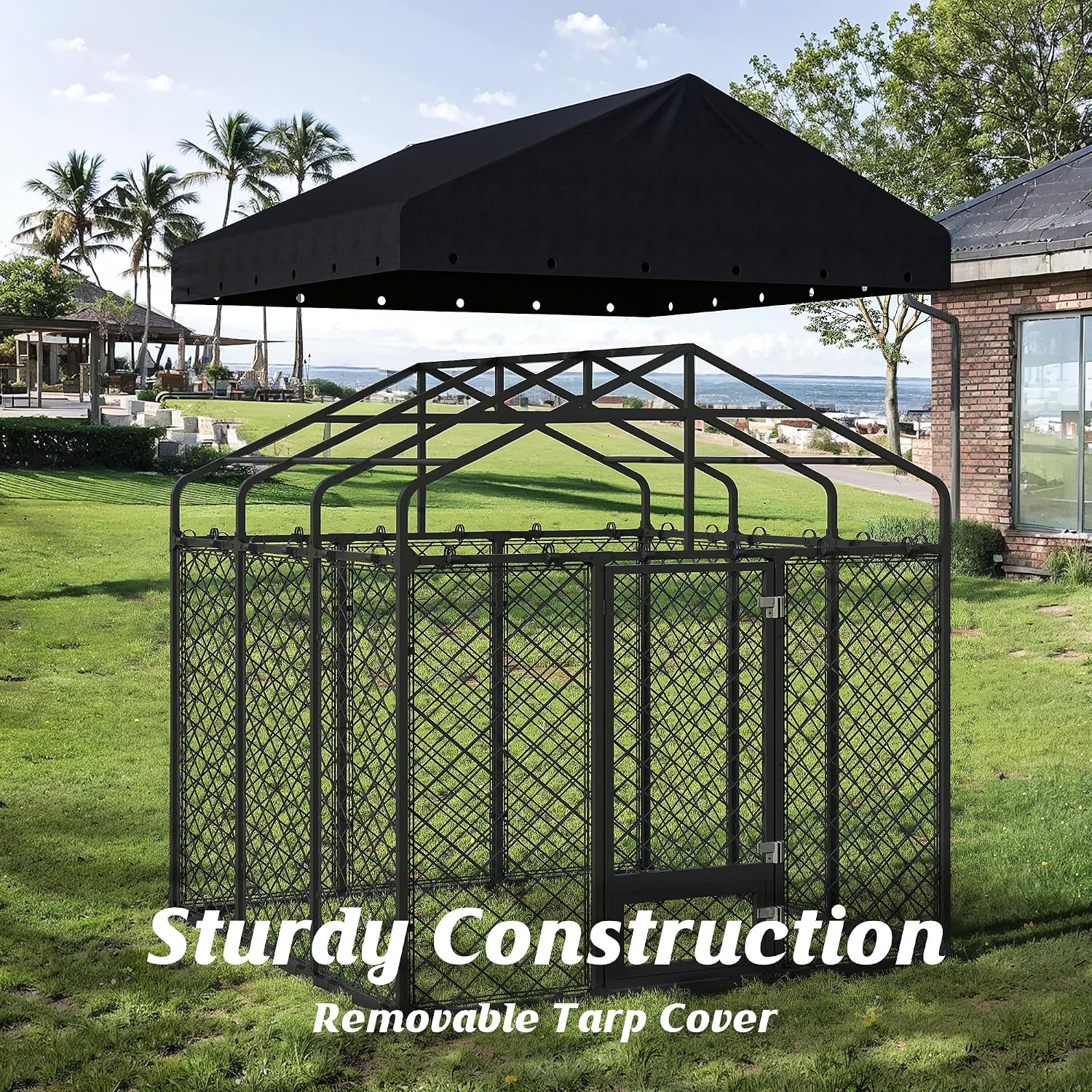 6x6FT Dog Kennel Outdoor with Roof - Heavy Duty Metal Fence Playpen for Large Dogs, Weatherproof Enclosure with Double Lock Gate & Feeding Swivel Door
