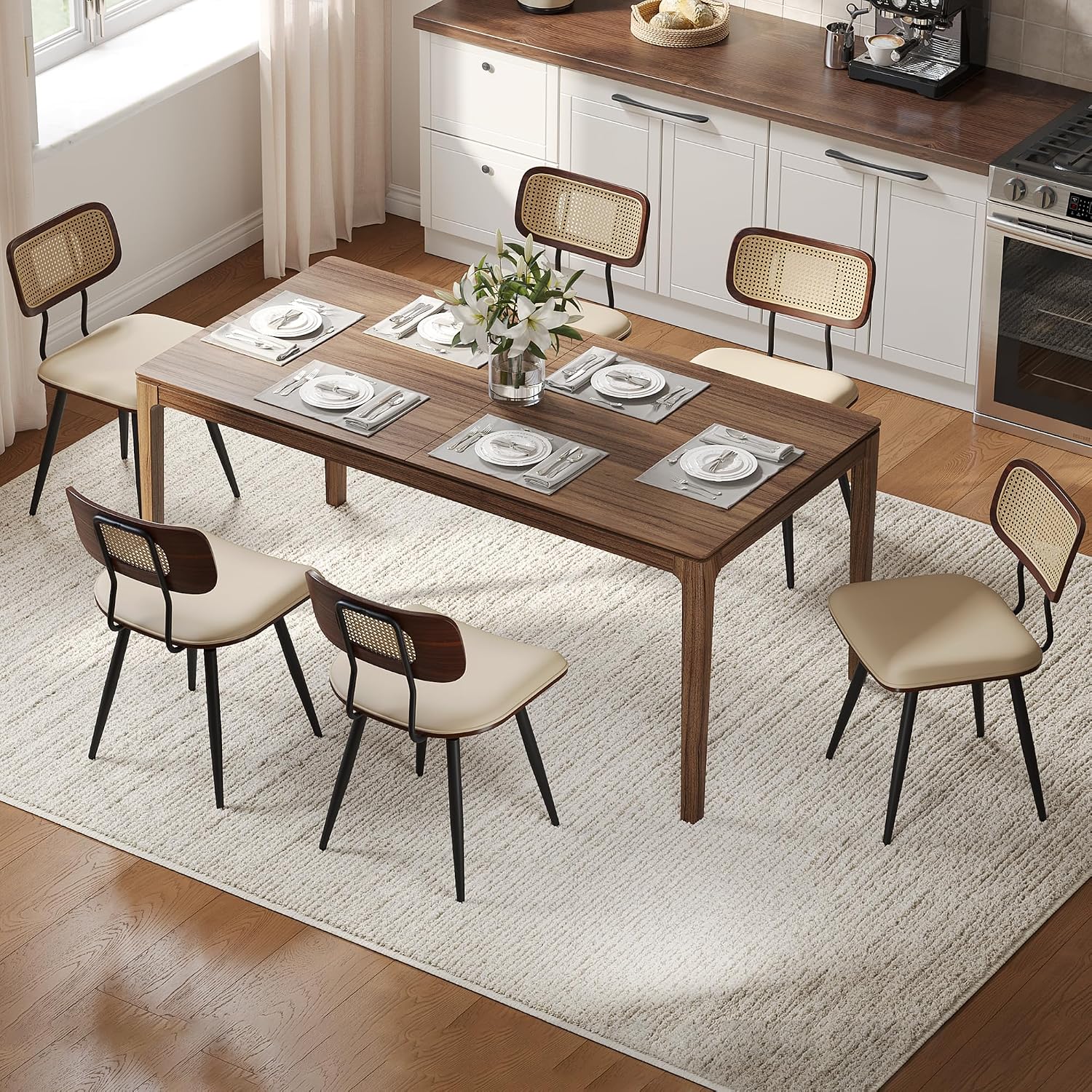 Dining Chairs, Swivel Dining Chairs Set of 6, Faux Leather & Rattan Walnut Dining Room Chairs, Bentwood & Metal Frame Upholstered Chairs with 360°Rotation, Modern Kitchen/Living Room Chairs (Beige)