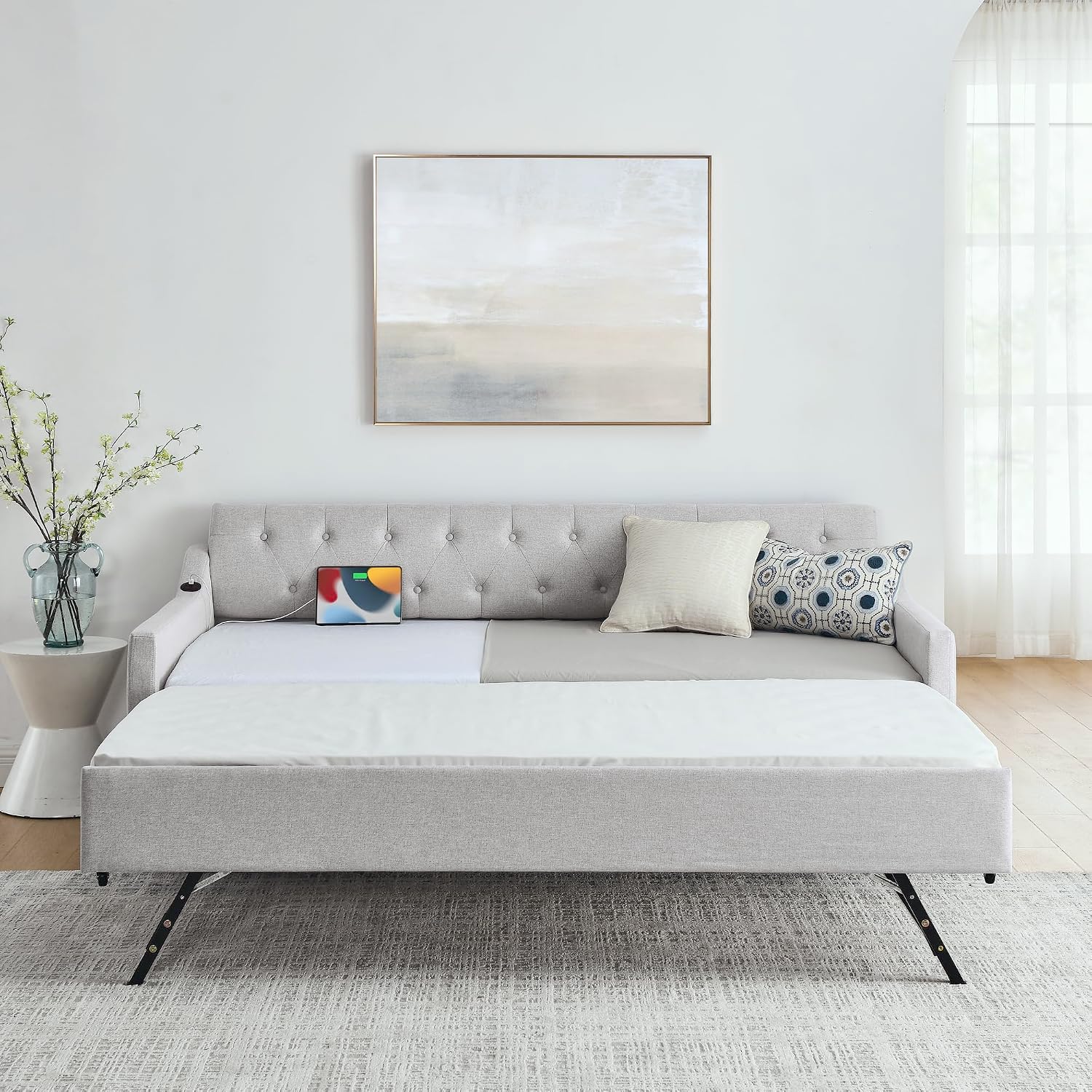 Ball & Cast Twin Size Daybed with Pop Up Trundle, Button Tufted Linen Sofa Day Bed Frame with USB Port,Twin to King Trundle Bed for Bedroom, Living Room, No Box Spring Needed,Beige