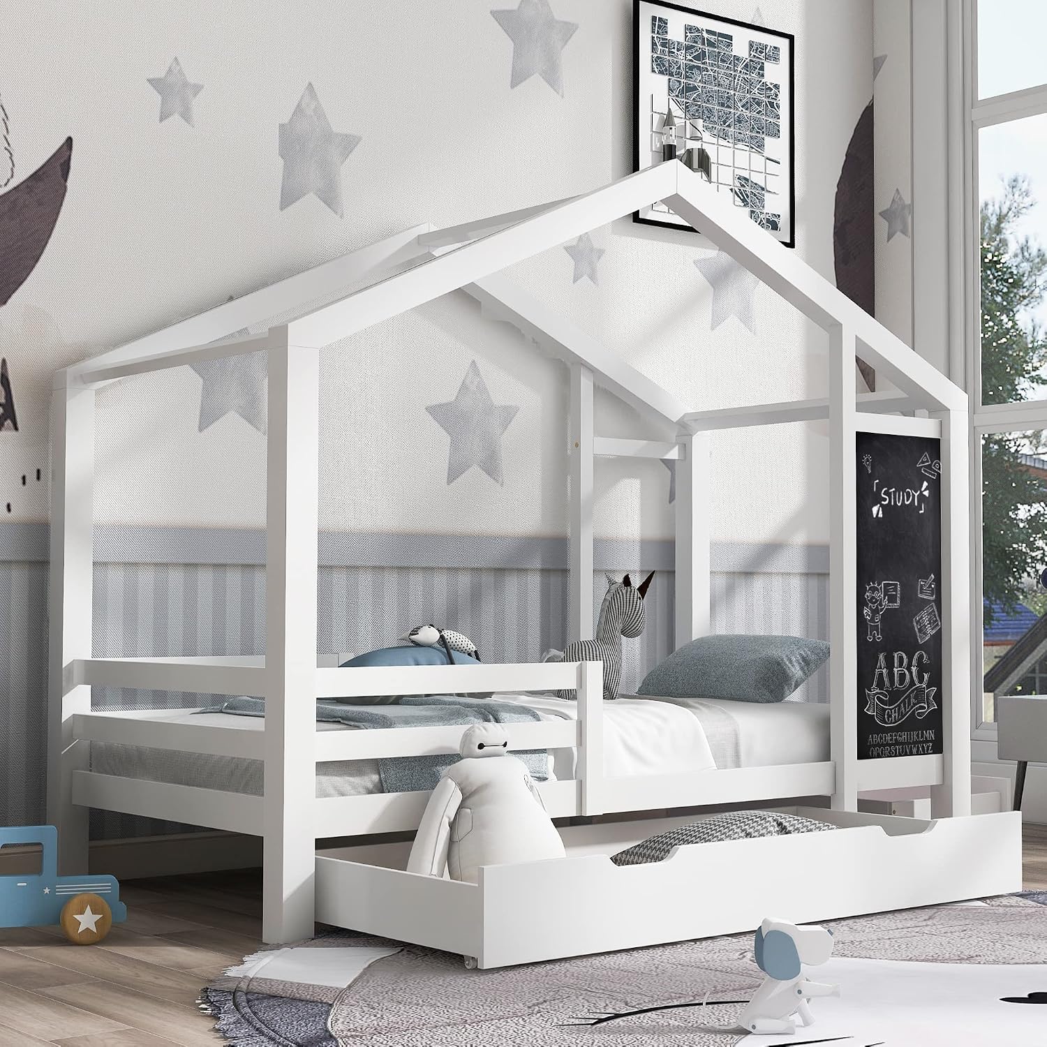 Kids Full House Bed Frame with Blackboard and Storage Drawers, Full-Length Guardrails & Wooden Slats Support,Two Assembly Options for Easy Fun Bedroom Setup for Kids Boys Girls (White, Full)