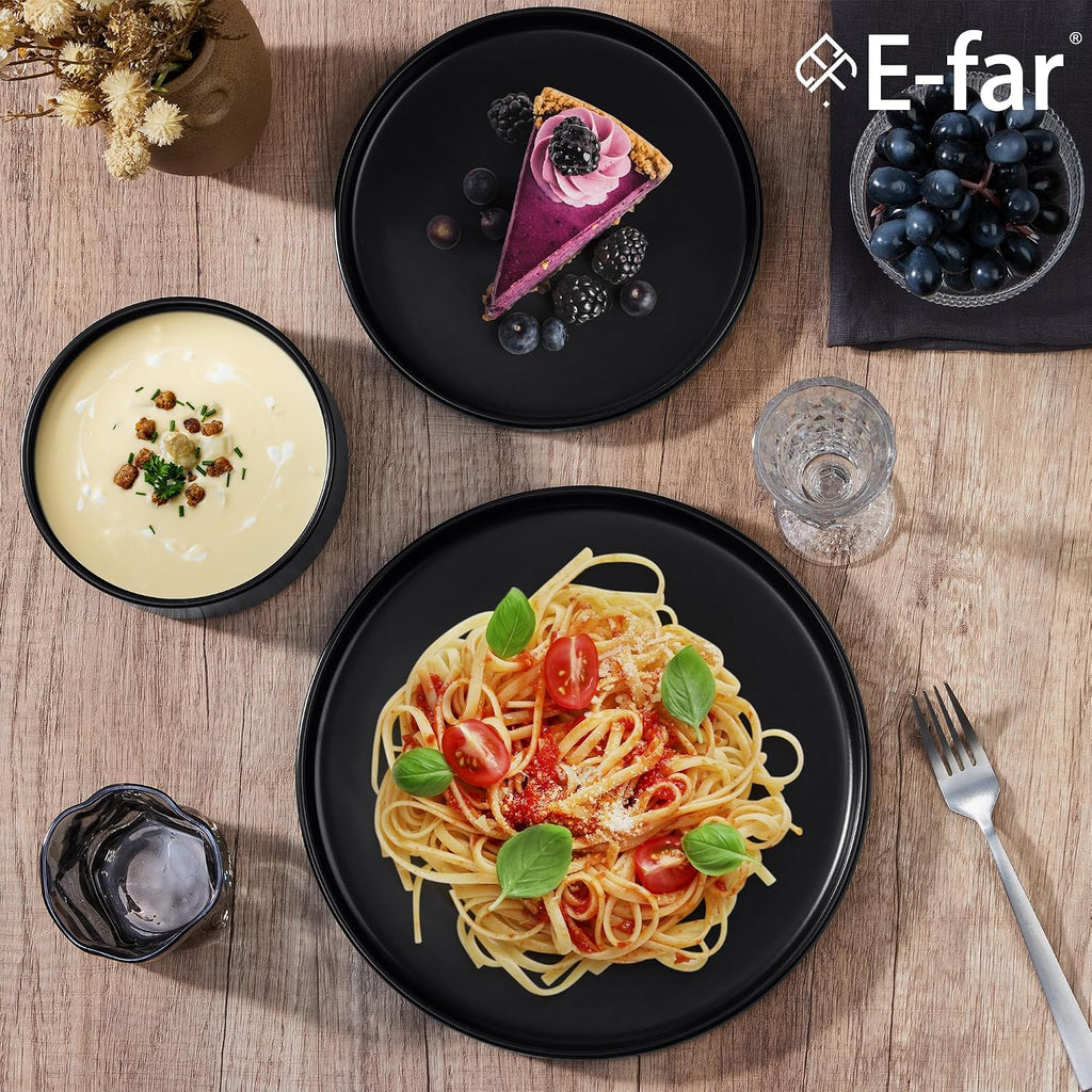 E-far Black Dinnerware Sets for 8, 24-Piece Stoneware Plates and Bowls Dish Set, Modern Kitchen Dinning Dishware, Chip and Scratch Resistant, Microwave & Dishwasher Safe, Matte Black