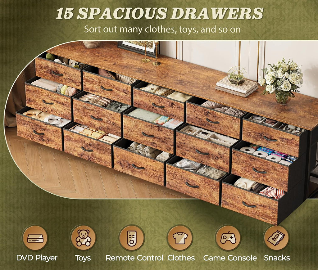 Huuger 78.7 inch Long Dresser for Bedroom, 15 Drawer Fabric Dresser for Closet, Large TV Stand for 65, 75, 85 inch TV, Wide Chest of Drawer with Storage, 78.7' W x 12.9' D x 26.7' H, Rustic Brown